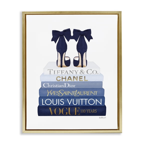 Stupell Industries Navy Blue Heels Chic Bookstack Beauty & Fashion Painting Gold Floater Framed Canvas Art Print Wall Art, 17 x 21