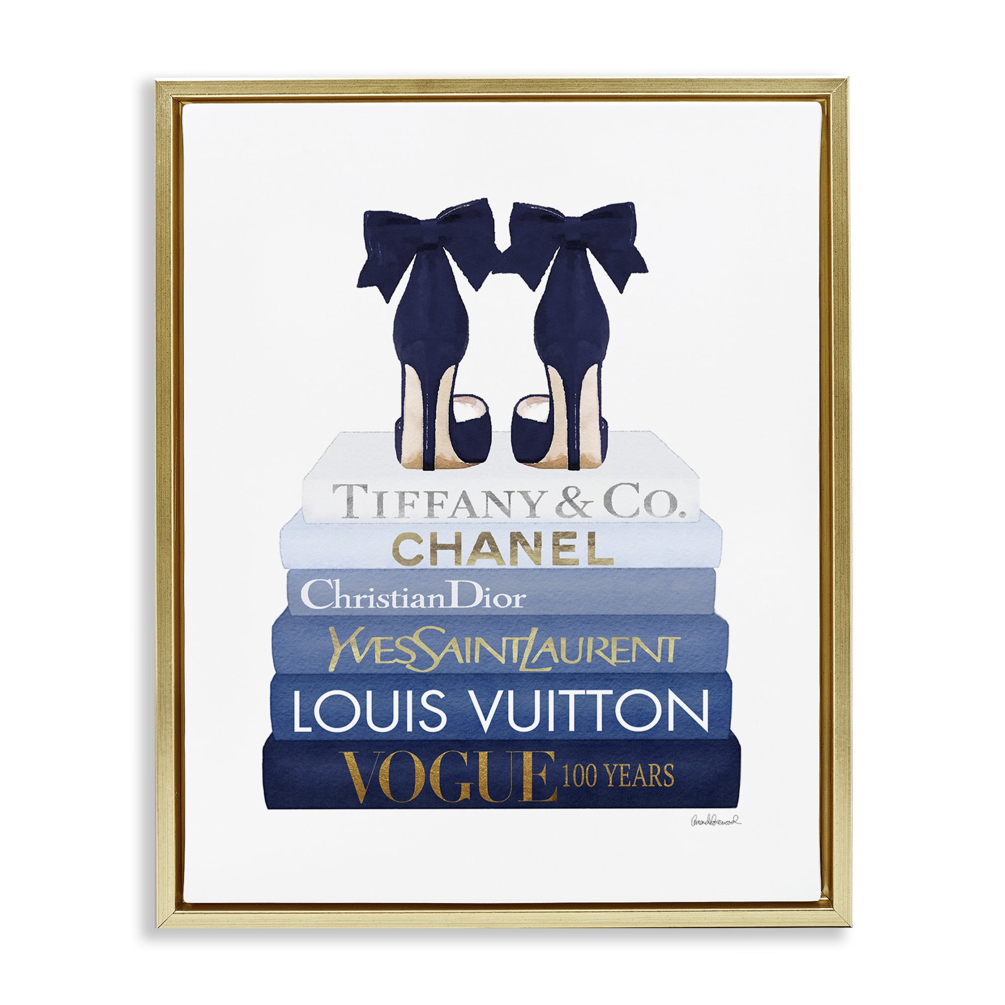 Stupell Industries Navy Blue Heels Chic Bookstack Beauty & Fashion Painting Gold Floater Framed Canvas Art Print Wall Art, 25 x 31