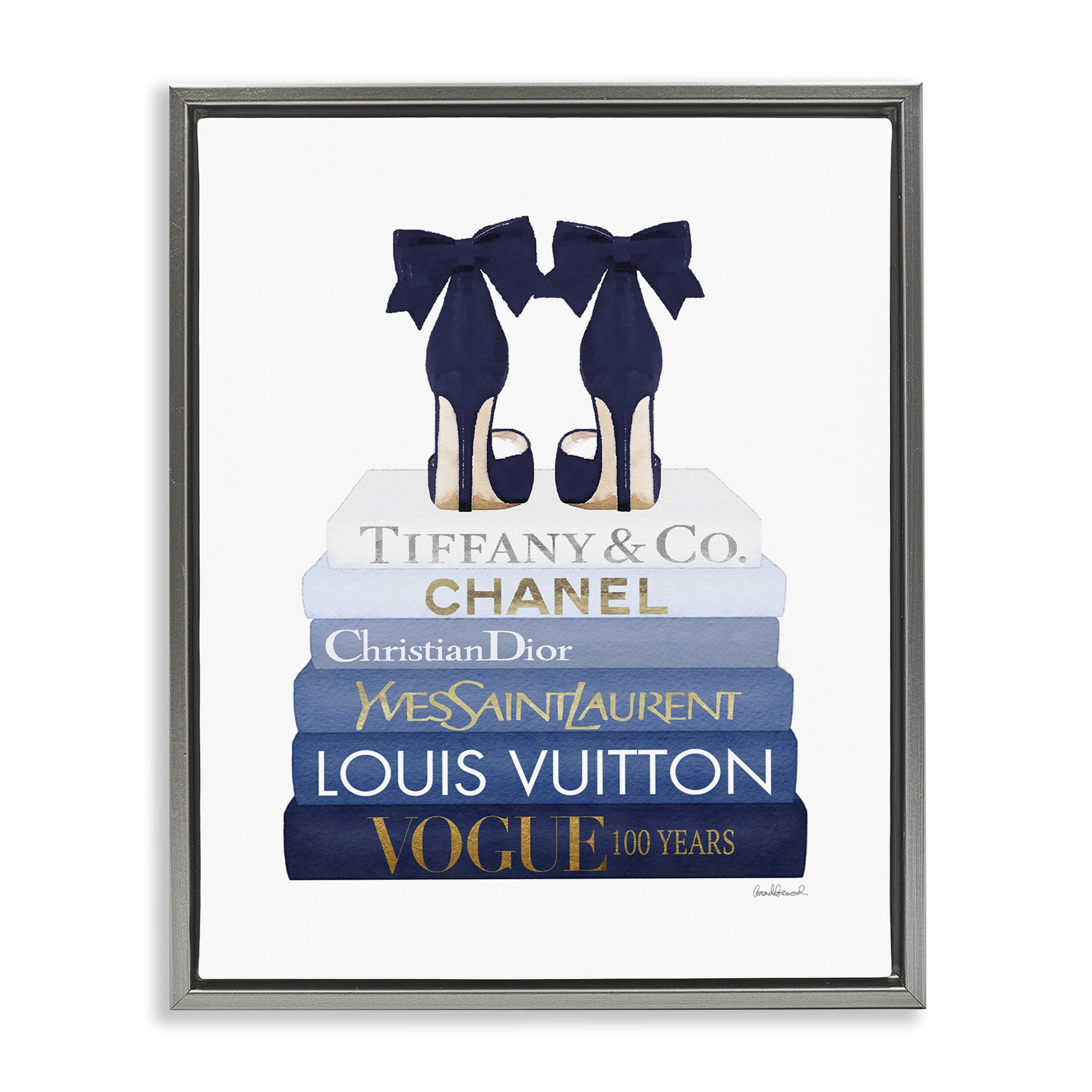 Stupell Industries Navy Blue Heels Chic Bookstack Beauty & Fashion Painting Gray Floater Framed Canvas Art Print Wall Art, 17 x 21