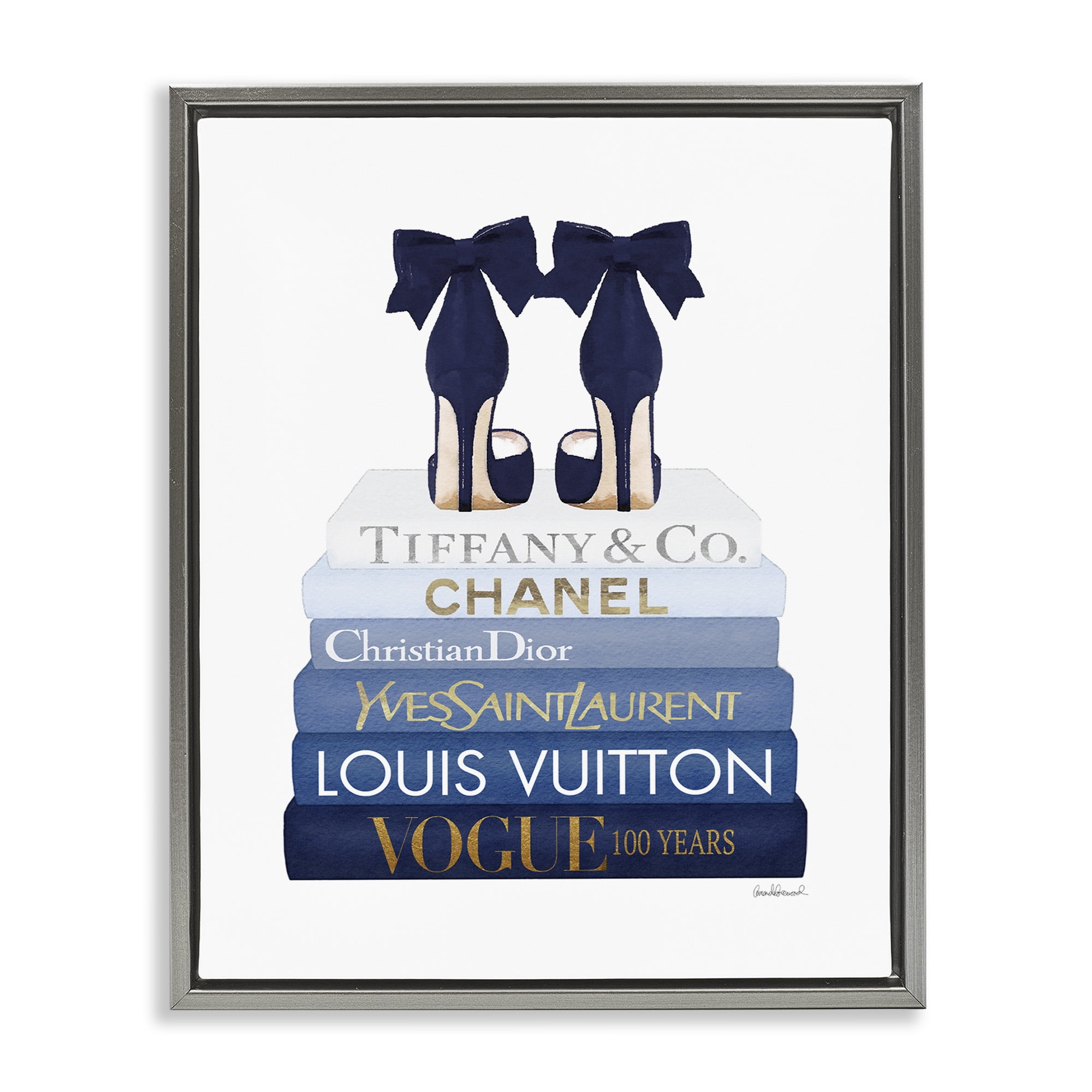 Stupell Industries Navy Blue Heels Chic Bookstack Beauty & Fashion Painting Gray Floater Framed Canvas Art Print Wall Art, 25 x 31