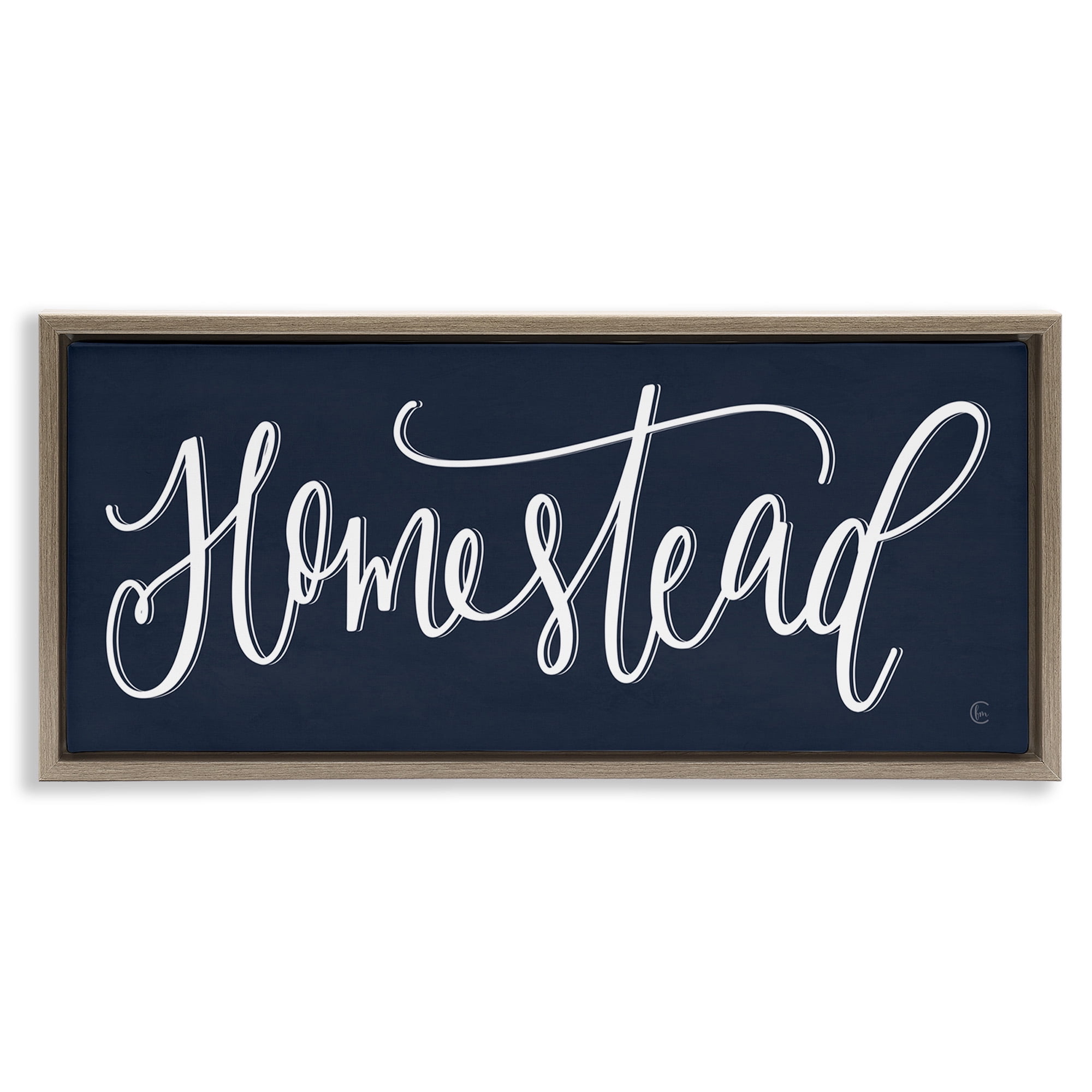 Stupell Industries Navy Blue Homestead Phrase Inspirational Painting Brown Floater Framed Canvas Art Print Wall Art, 25 x 11