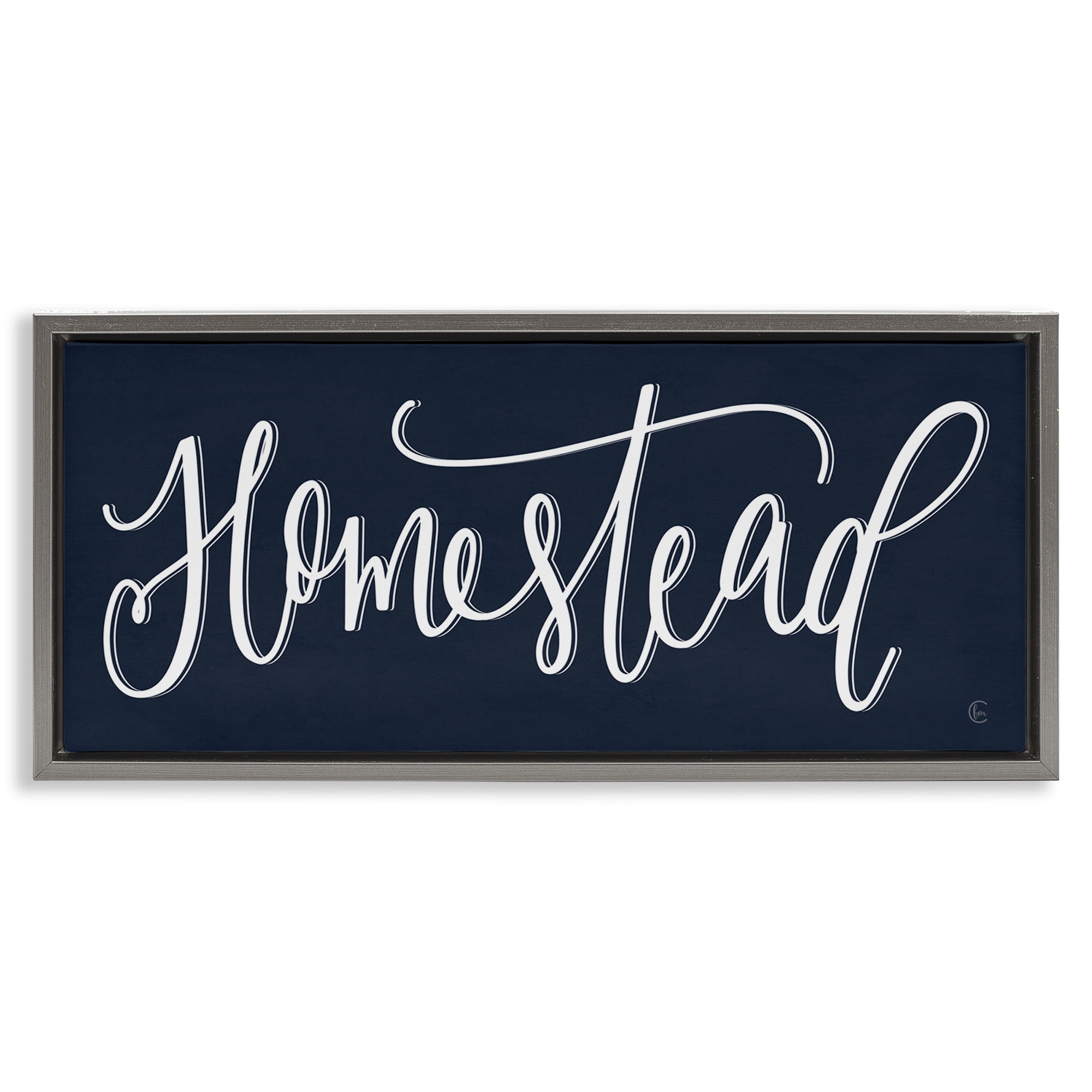 Stupell Industries Navy Blue Homestead Phrase Inspirational Painting Gray Floater Framed Canvas Art Print Wall Art, 31 x 14