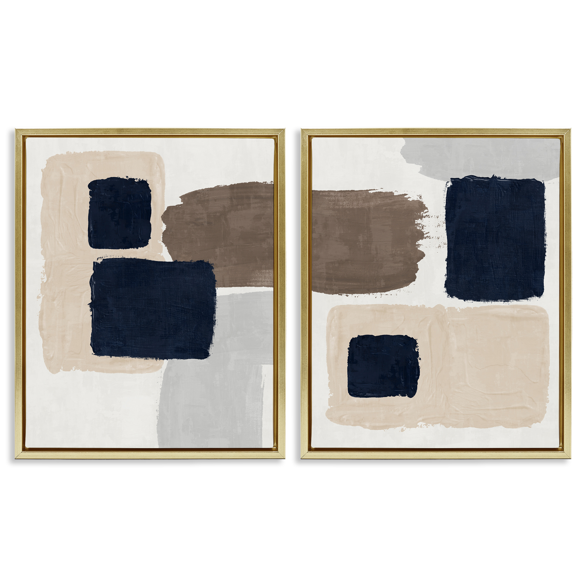 Stupell Industries Navy Brown Blocked Abstract Painting Gold Floater Framed Canvas Art Print Wall Art, 17 x 21, Set of 2