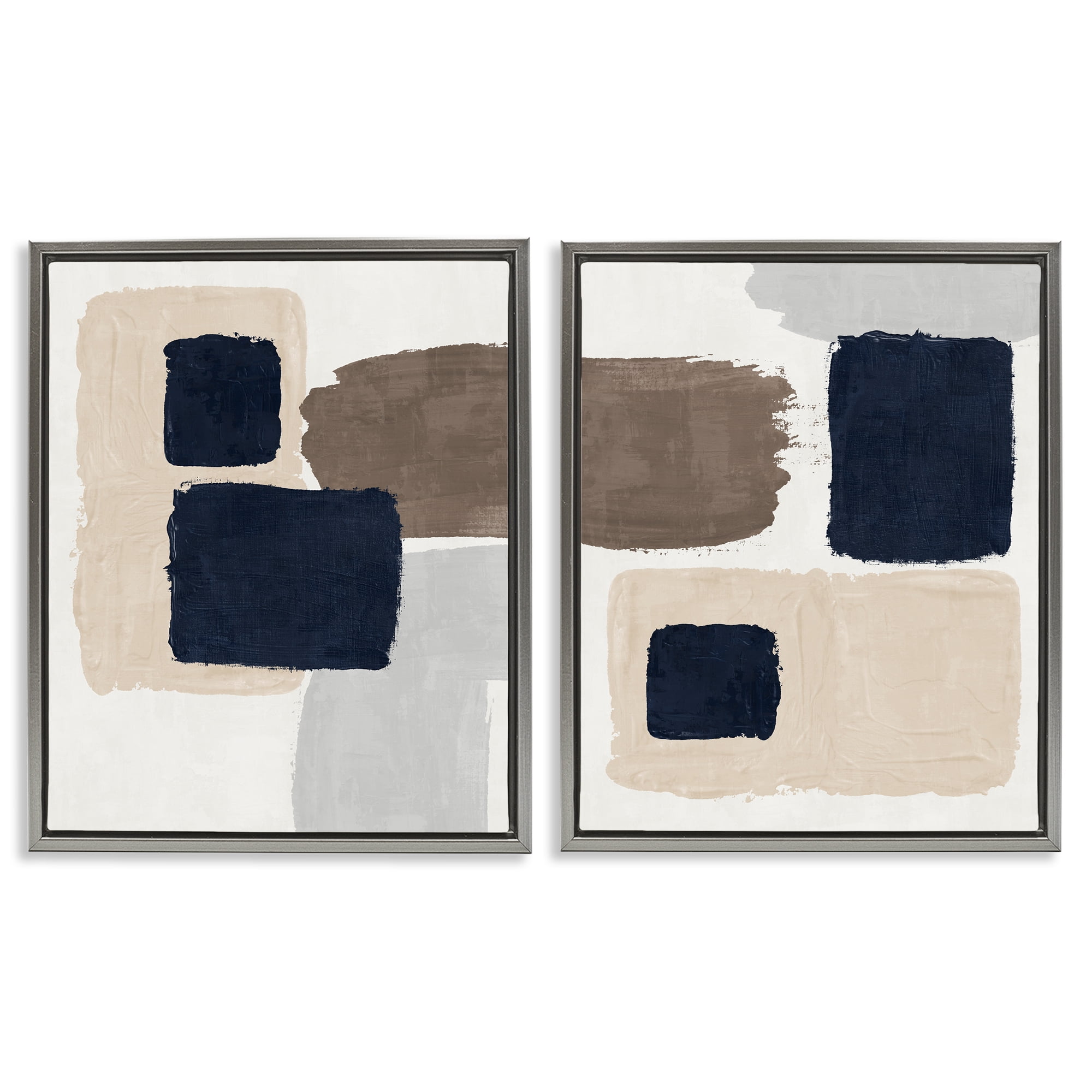 Stupell Industries Navy Brown Blocked Abstract Painting Gray Floater Framed Canvas Art Print Wall Art, 31 x 25, Set of 2