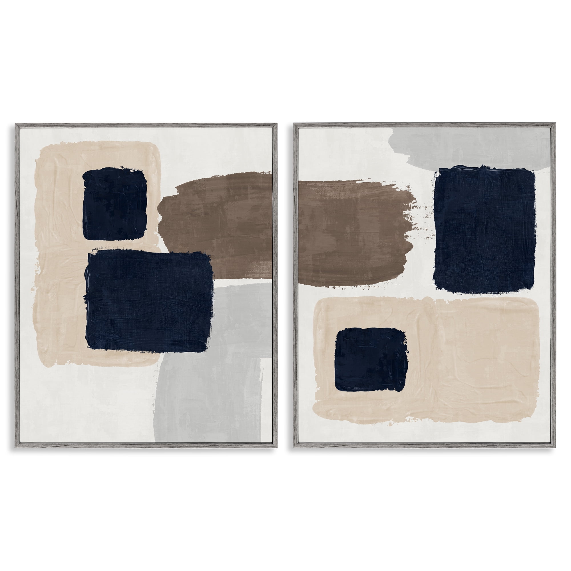 Stupell Industries Navy Brown Blocked Abstract Painting Gray Framed Art Print Wall Art, 24 x 30, Set of 2
