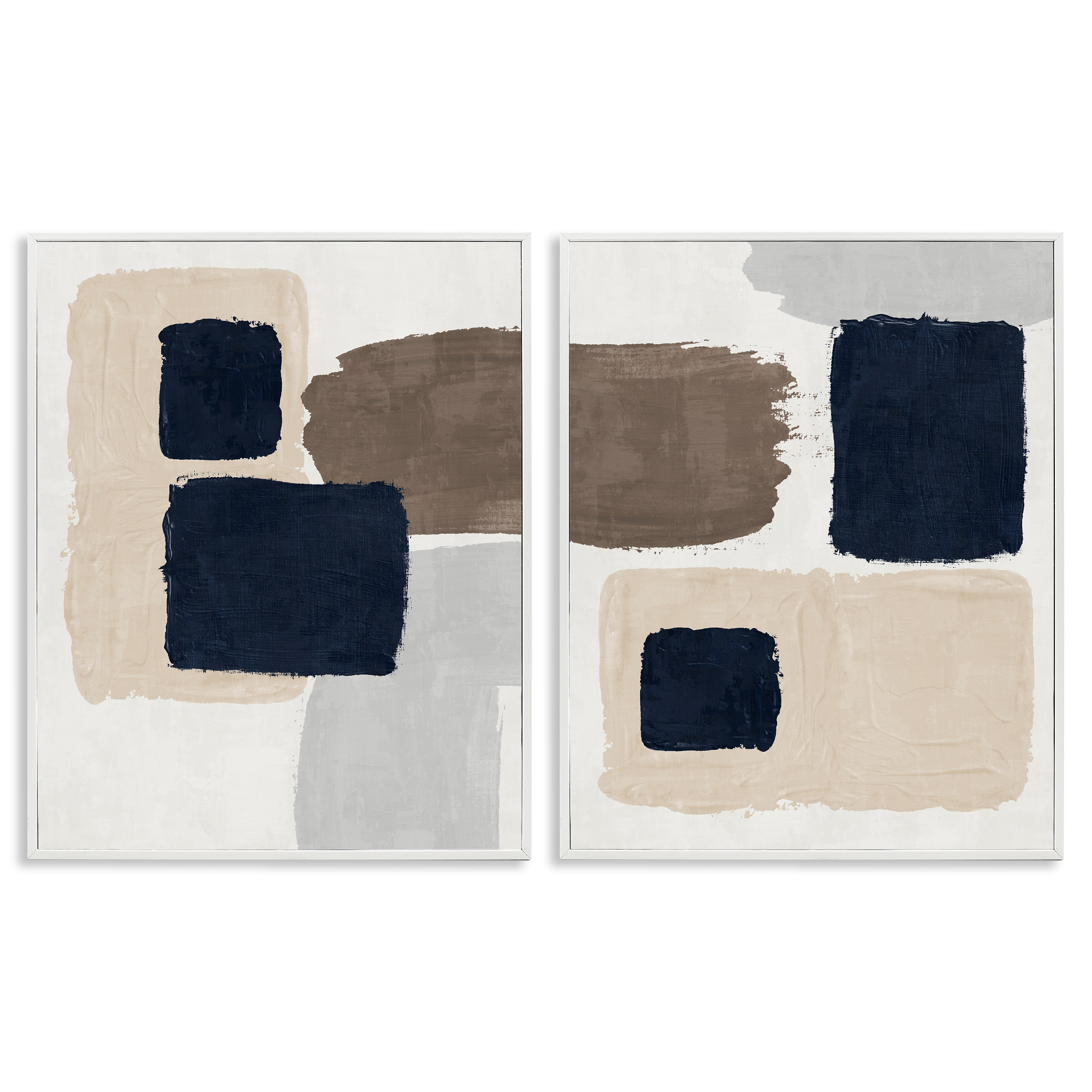 Stupell Industries Navy Brown Blocked Abstract Painting White Framed Art Print Wall Art, 24 x 30, Set of 2