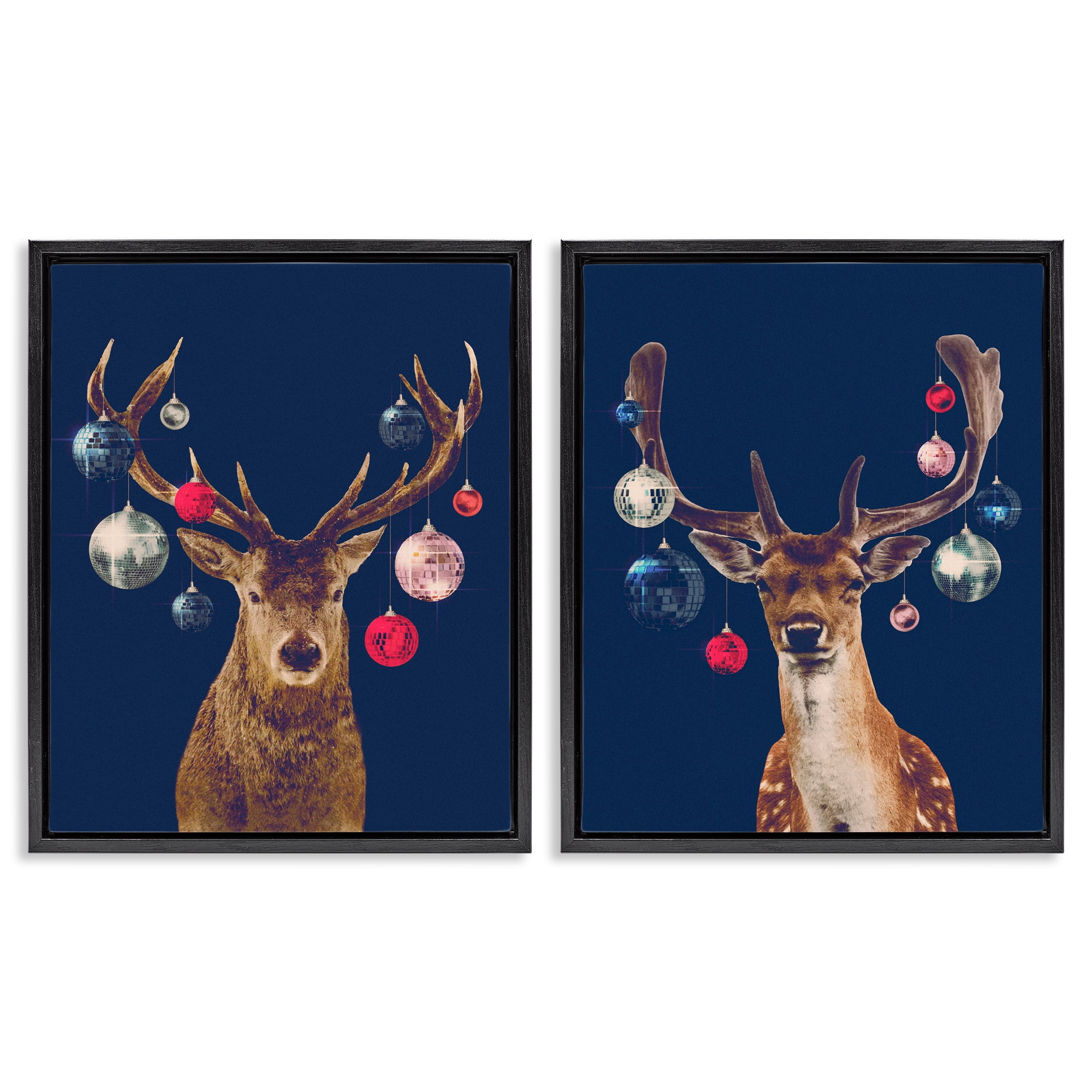 Stupell Industries Navy Brown Disco Deer Holiday Painting Black Floater Framed Canvas Art Print Wall Art, 17 x 21, Set of 2