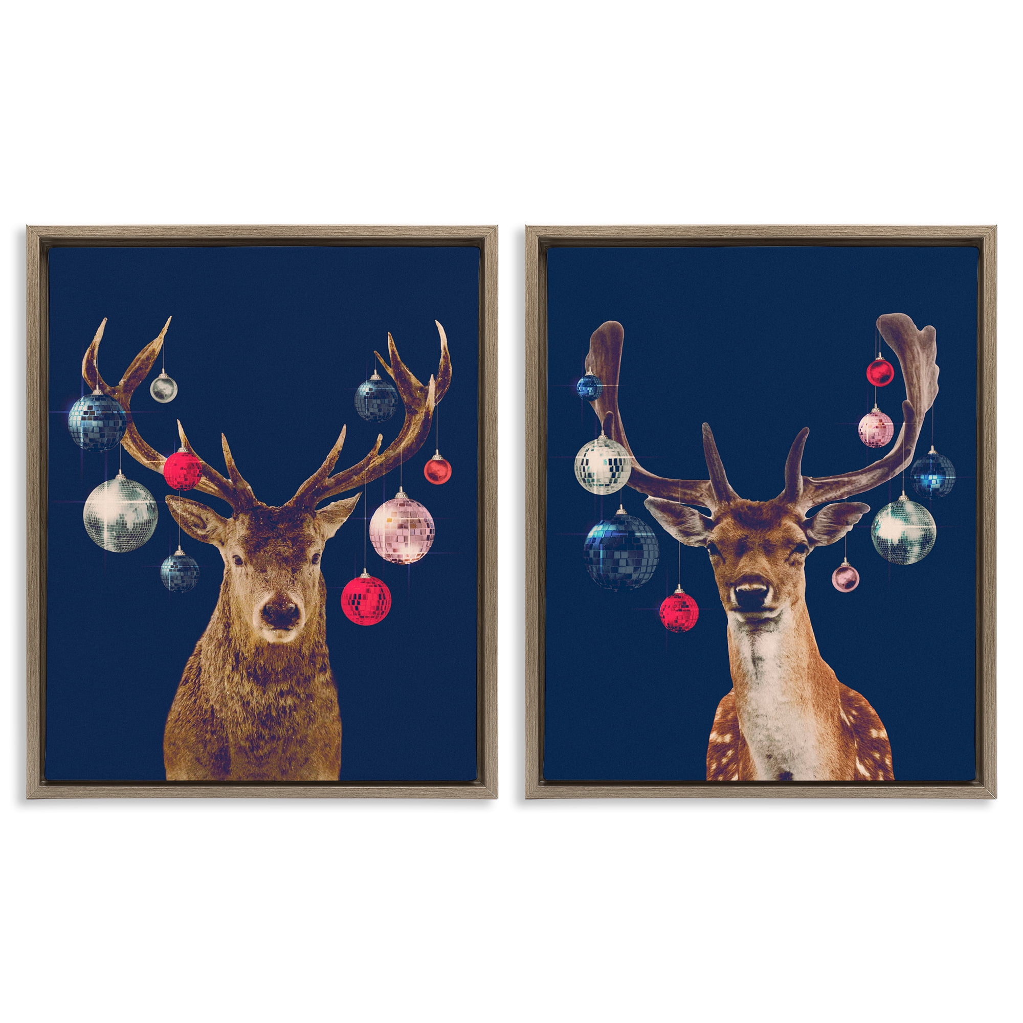 Stupell Industries Navy Brown Disco Deer Holiday Painting Brown Floater Framed Canvas Art Print Wall Art, 17 x 21, Set of 2