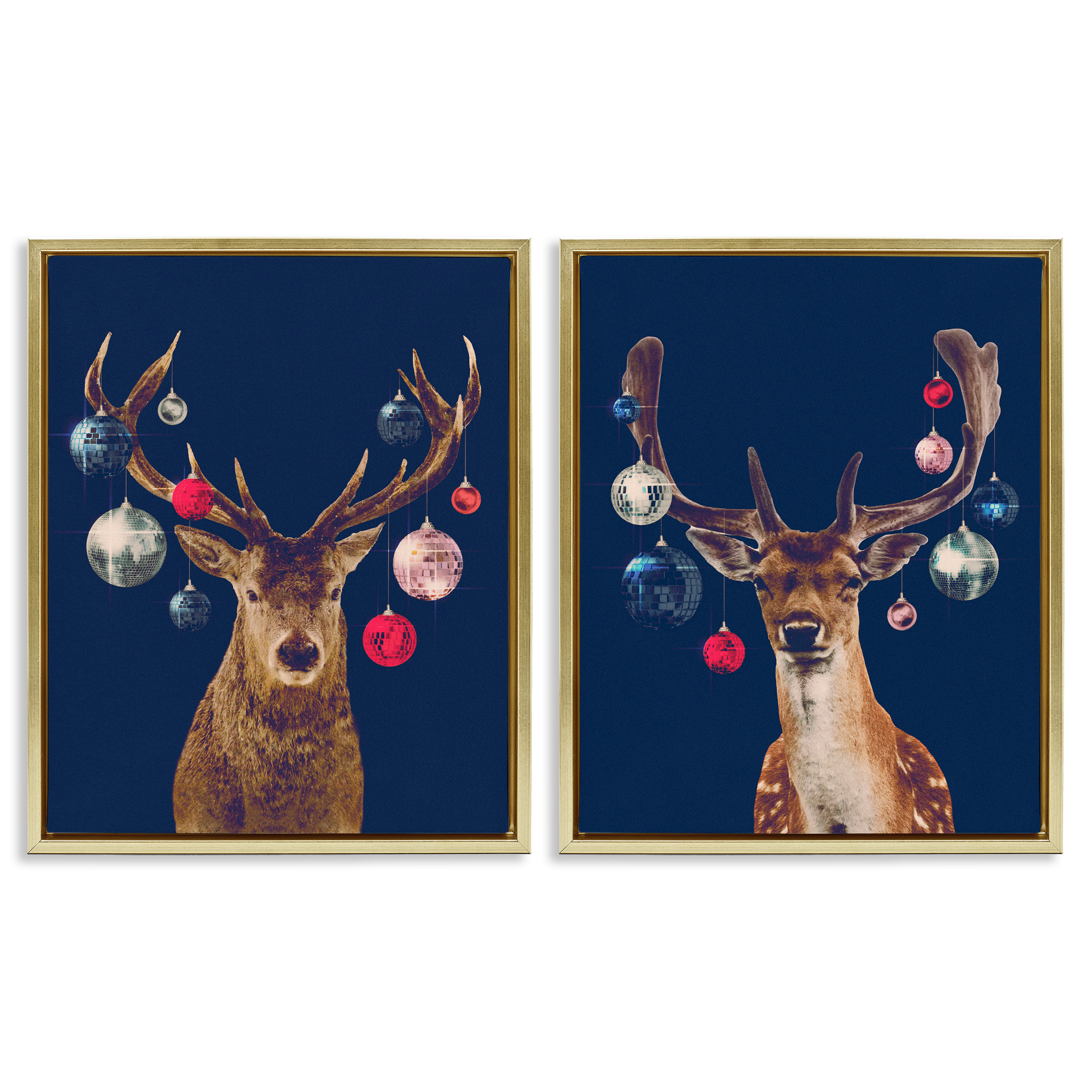 Stupell Industries Navy Brown Disco Deer Holiday Painting Gold Floater Framed Canvas Art Print Wall Art, 17 x 21, Set of 2