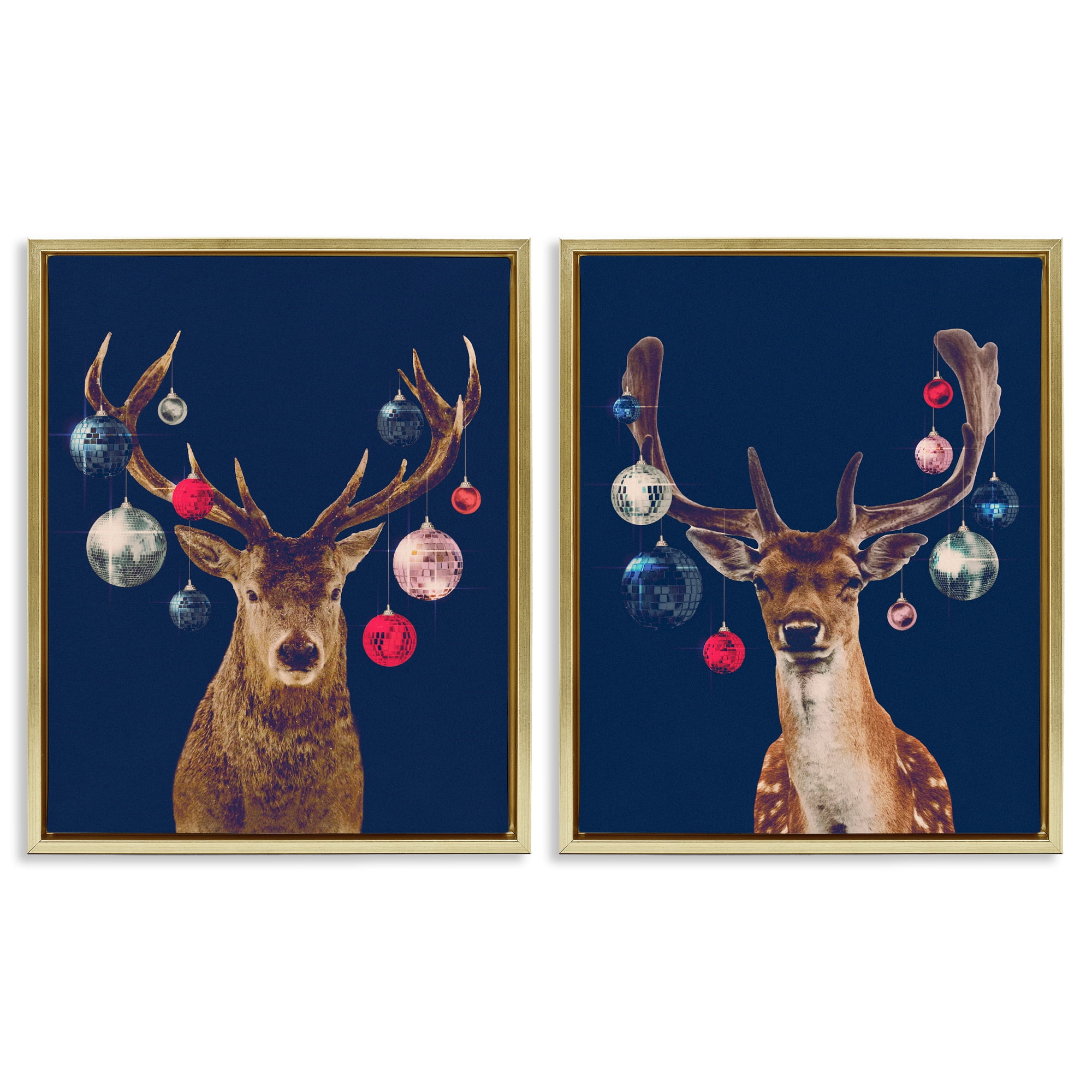 Stupell Industries Navy Brown Disco Deer Holiday Painting Gold Floater Framed Canvas Art Print Wall Art, 31 x 25, Set of 2