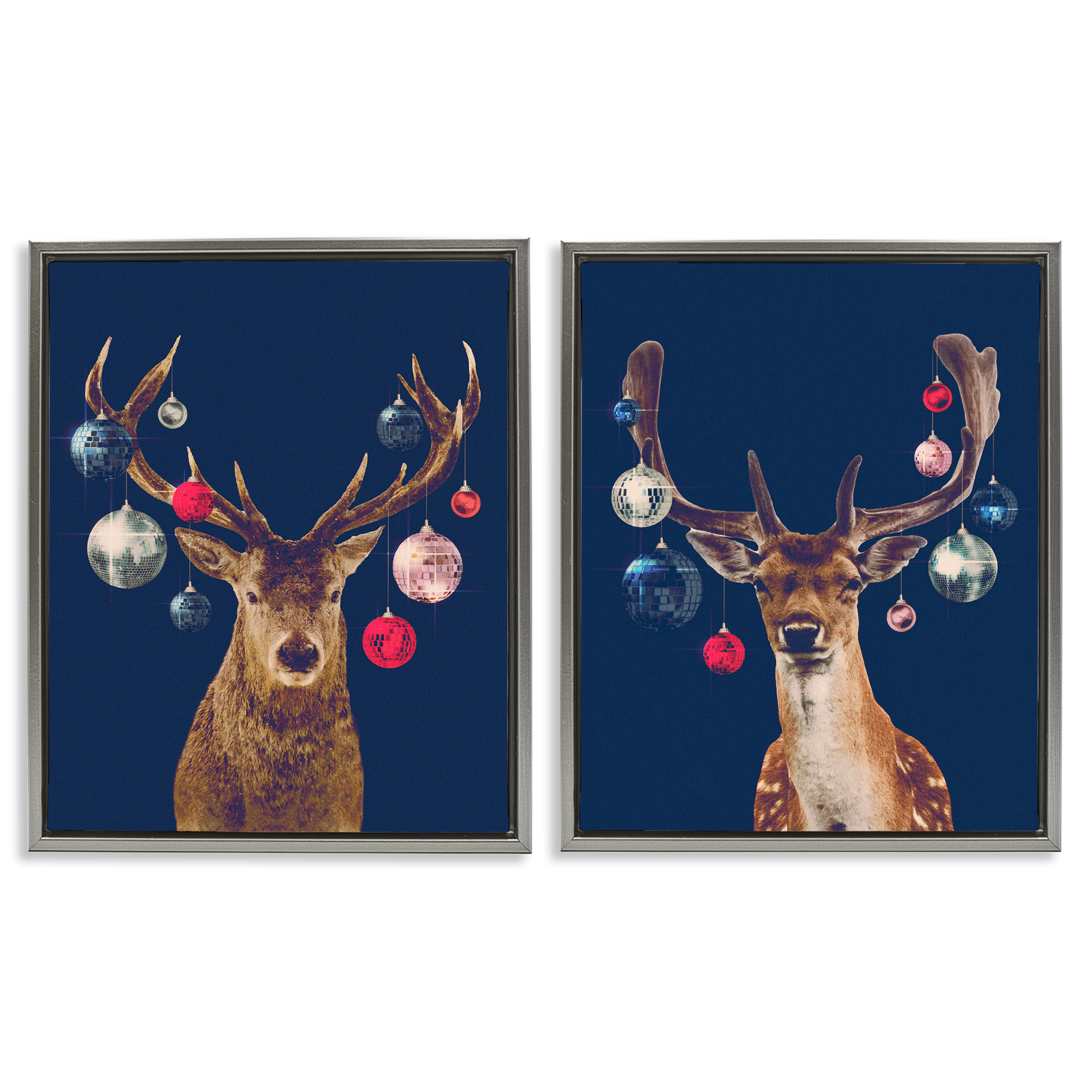 Stupell Industries Navy Brown Disco Deer Holiday Painting Gray Floater Framed Canvas Art Print Wall Art, 17 x 21, Set of 2
