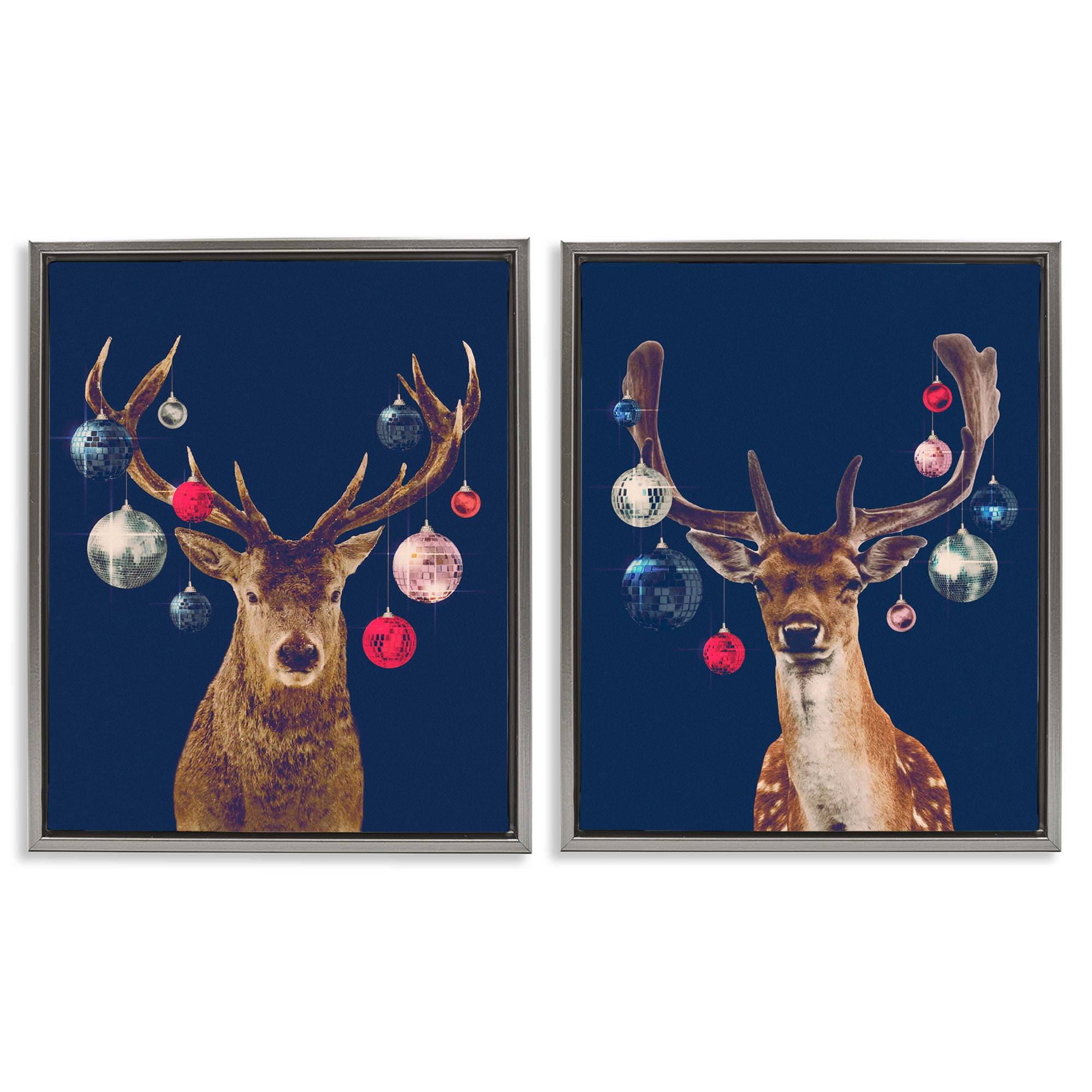 Stupell Industries Navy Brown Disco Deer Holiday Painting Gray Floater Framed Canvas Art Print Wall Art, 31 x 25, Set of 2