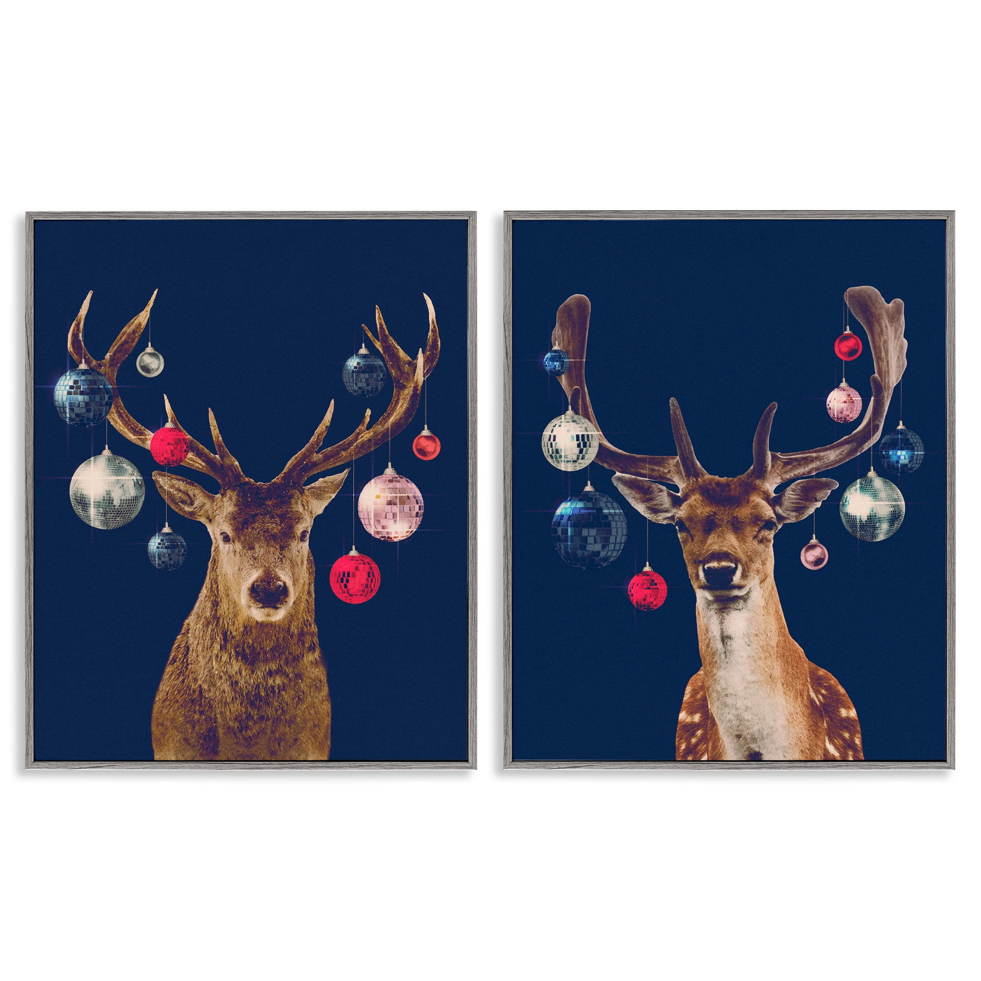 Stupell Industries Navy Brown Disco Deer Holiday Painting Gray Framed Art Print Wall Art, 16 x 20, Set of 2
