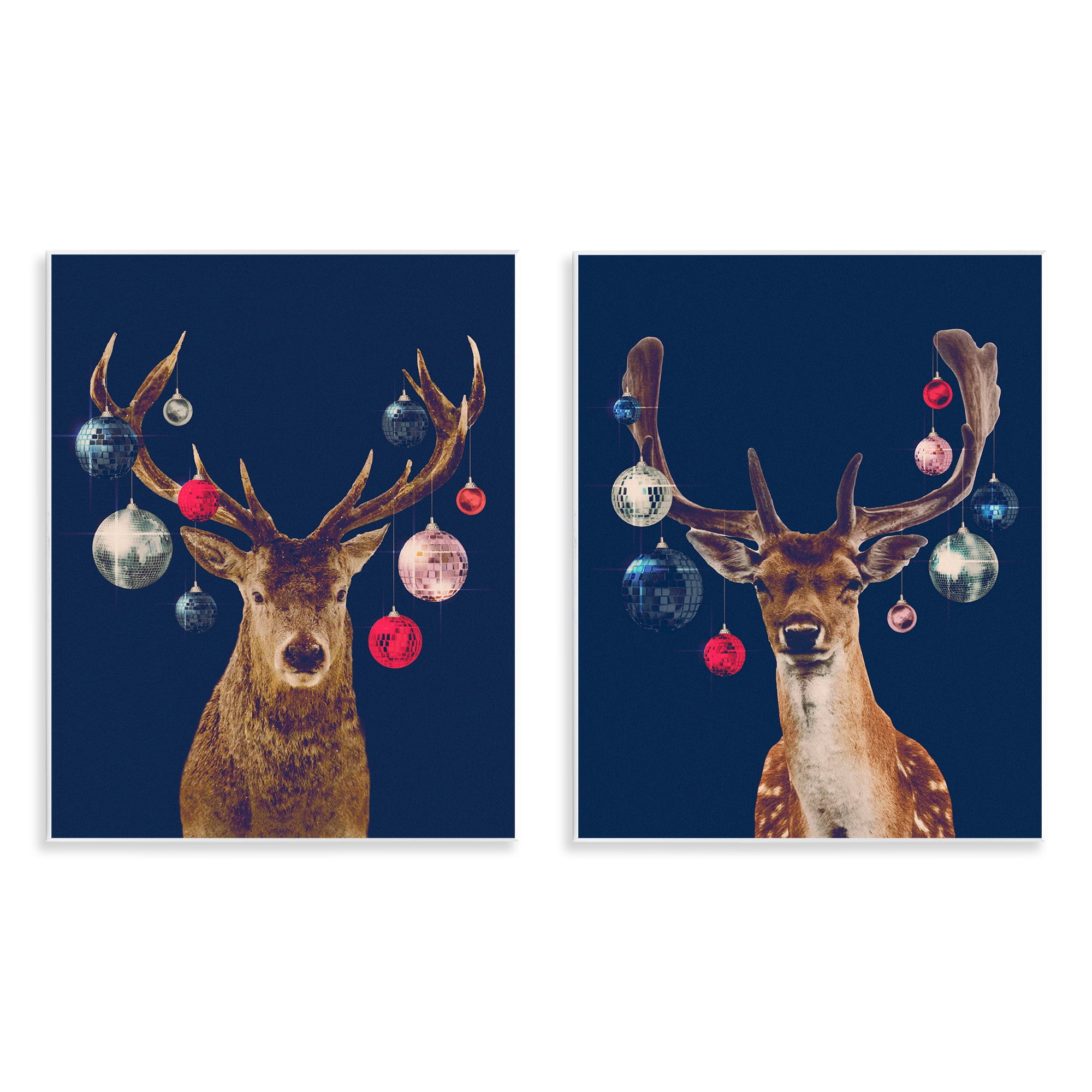 Stupell Industries Navy Brown Disco Deer Holiday Painting Unframed Art Print Wall Art, 11 x 14, Set of 2