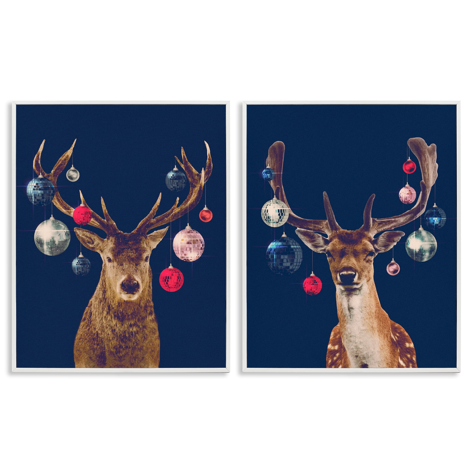 Stupell Industries Navy Brown Disco Deer Holiday Painting White Framed Art Print Wall Art, 16 x 20, Set of 2