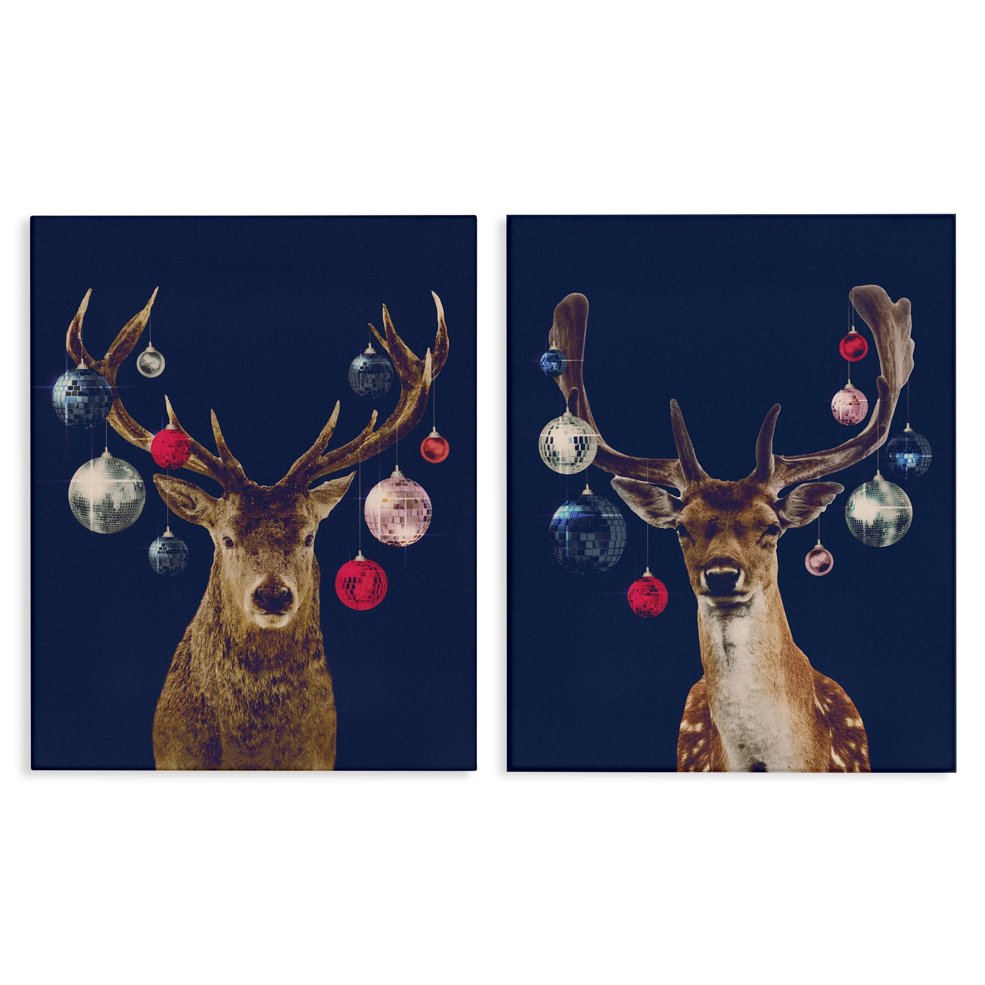 Stupell Industries Navy Brown Disco Deer Holiday Painting Wrapped Canvas Art Print Wall Art, 16 x 20, Set of 2