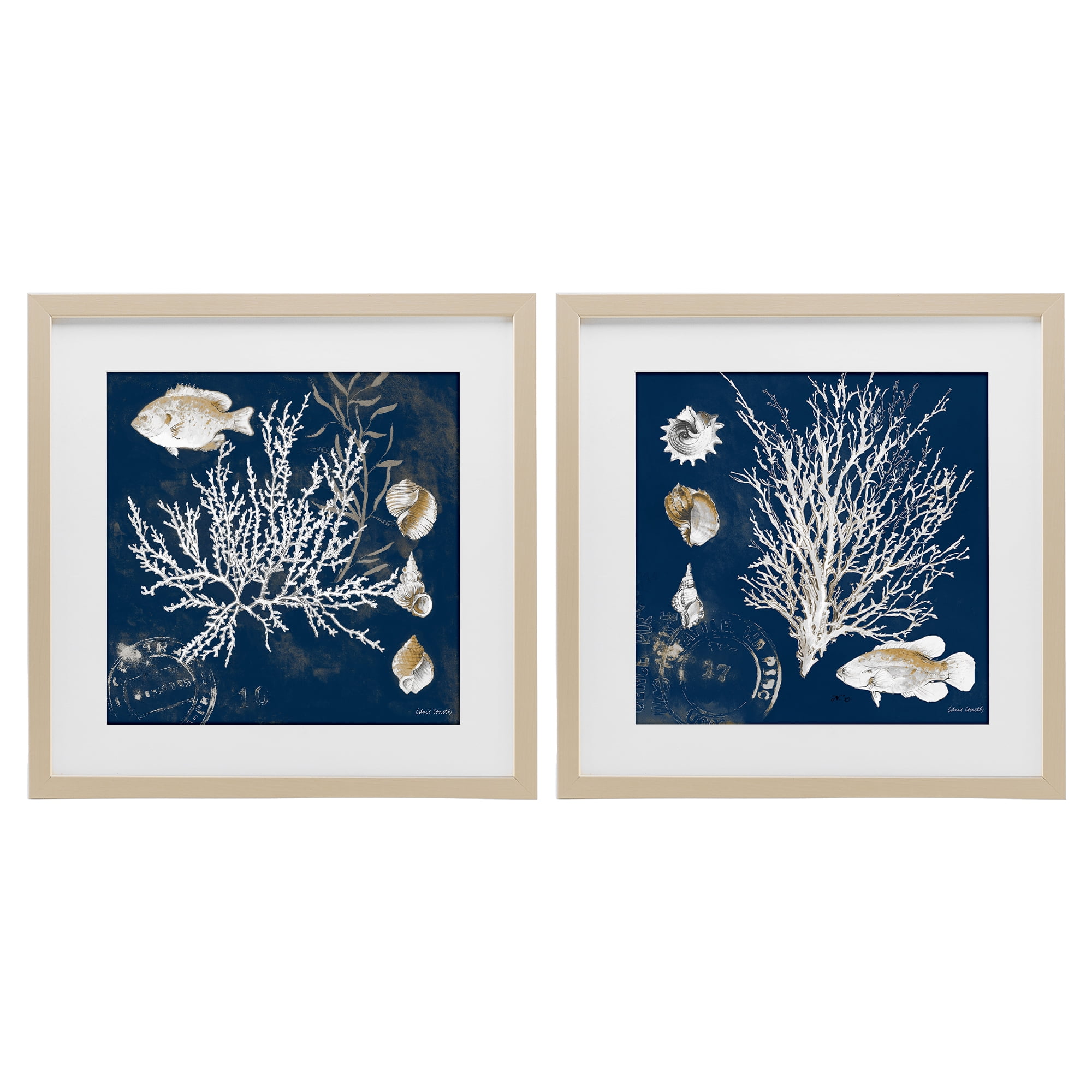 Stupell Industries Navy Coral Medley 2 Piece Birch Framed Print Under Glass Set, design by Lanie Loreth