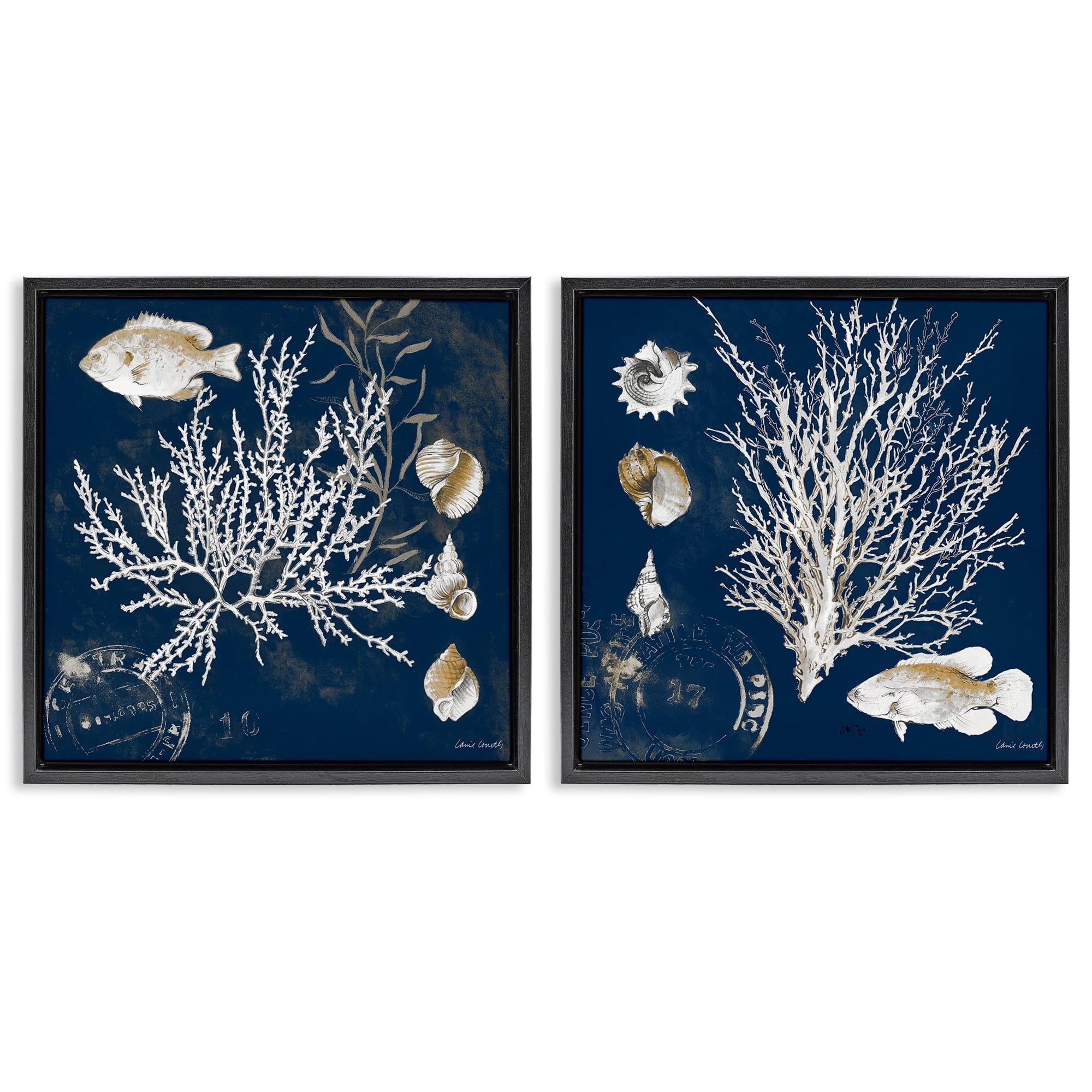 Stupell Industries Navy Coral Medley 2 Piece Black Framed Floater Canvas Set, design by Lanie Loreth