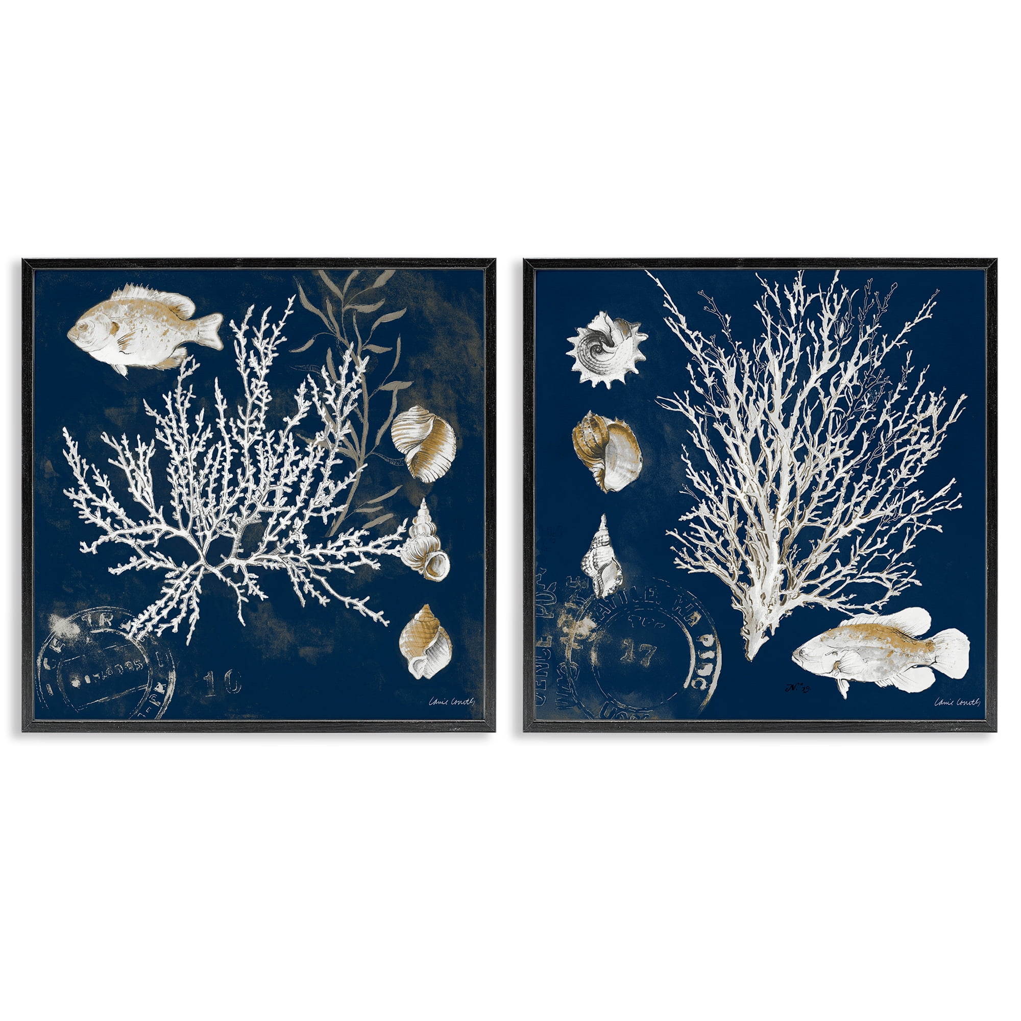 Stupell Industries Navy Coral Medley 2 Piece Black Framed Giclee Art Set, design by Lanie Loreth