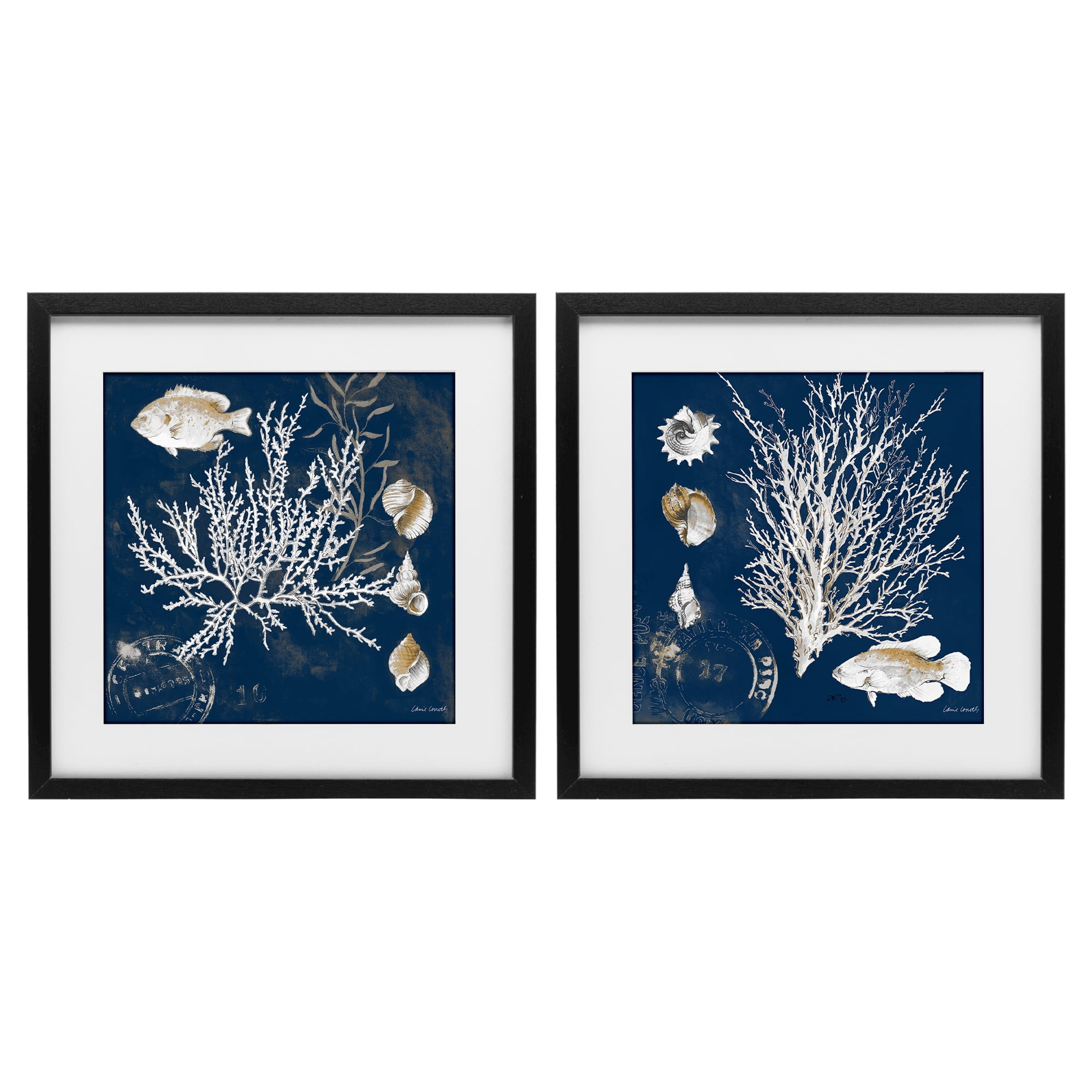 Stupell Industries Navy Coral Medley 2 Piece Black Framed Print Under Glass Set, design by Lanie Loreth