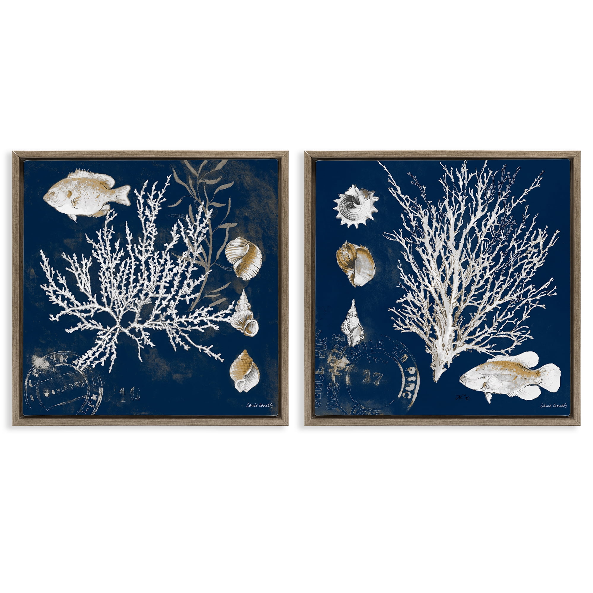 Stupell Industries Navy Coral Medley 2 Piece Brown Framed Floater Canvas Set, design by Lanie Loreth