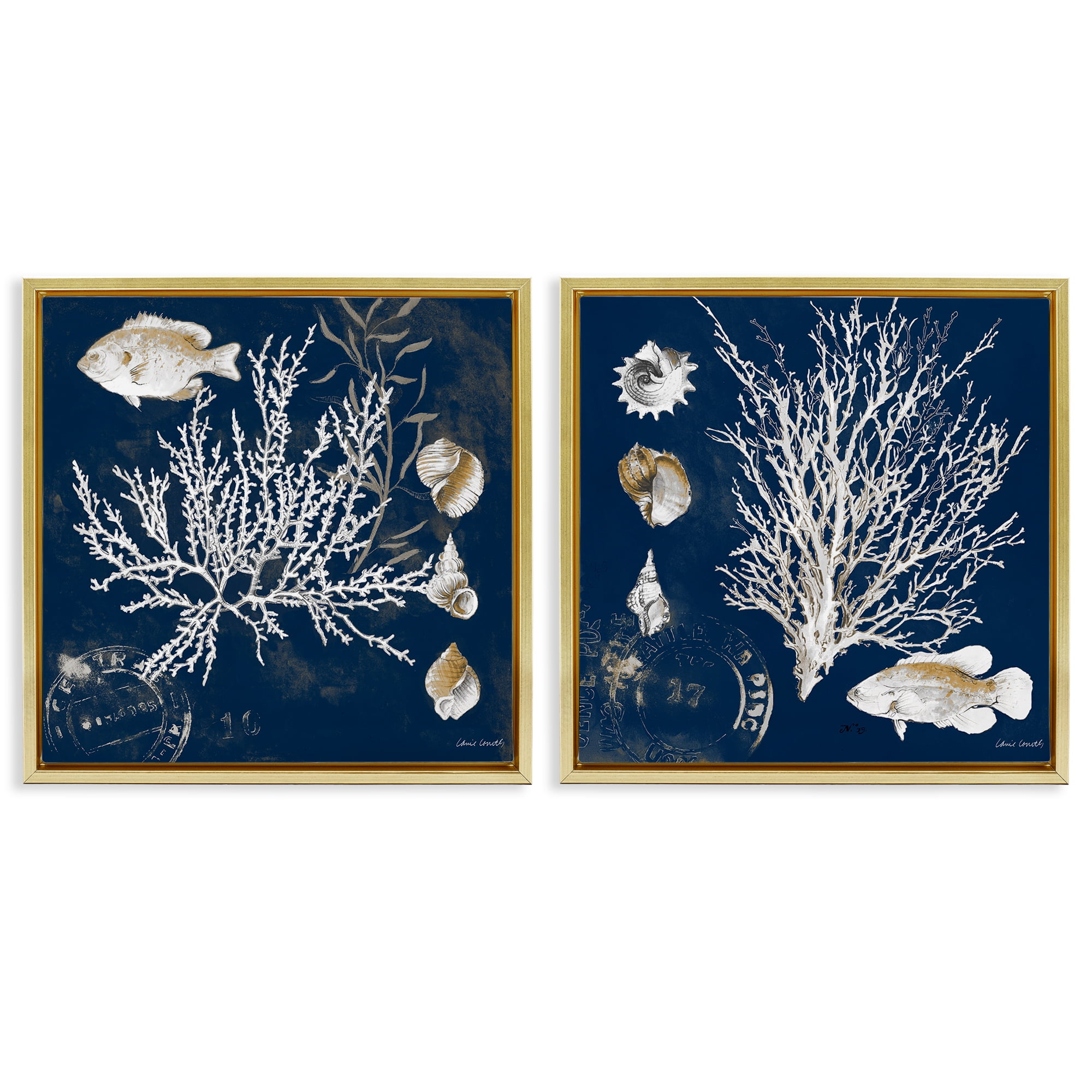Stupell Industries Navy Coral Medley 2 Piece Gold Framed Floater Canvas Set, design by Lanie Loreth