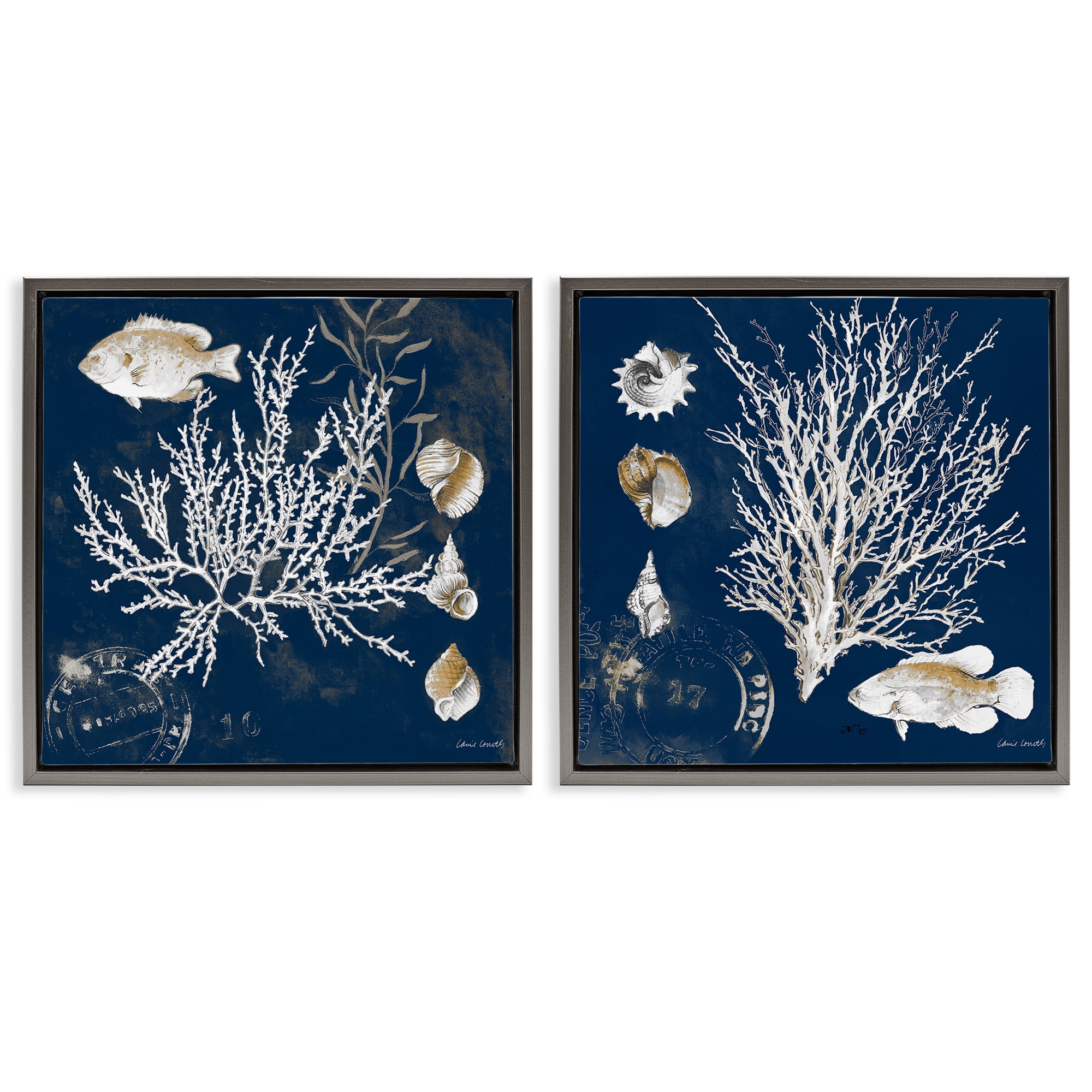 Stupell Industries Navy Coral Medley 2 Piece Gray Framed Floater Canvas Set, design by Lanie Loreth