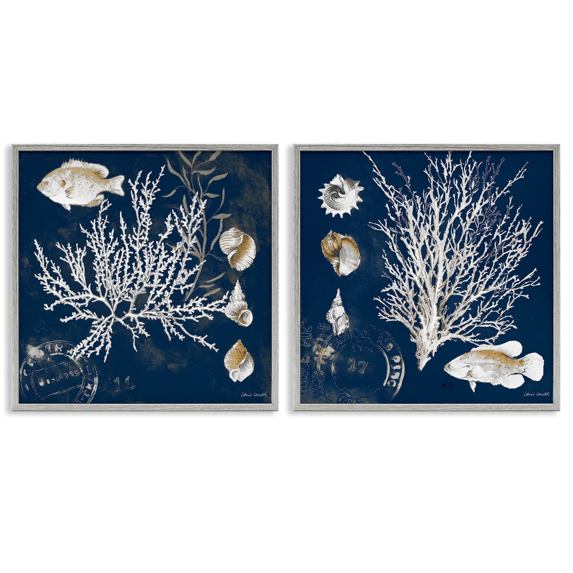 Stupell Industries Navy Coral Medley 2 Piece Gray Framed Giclee Art Set, design by Lanie Loreth