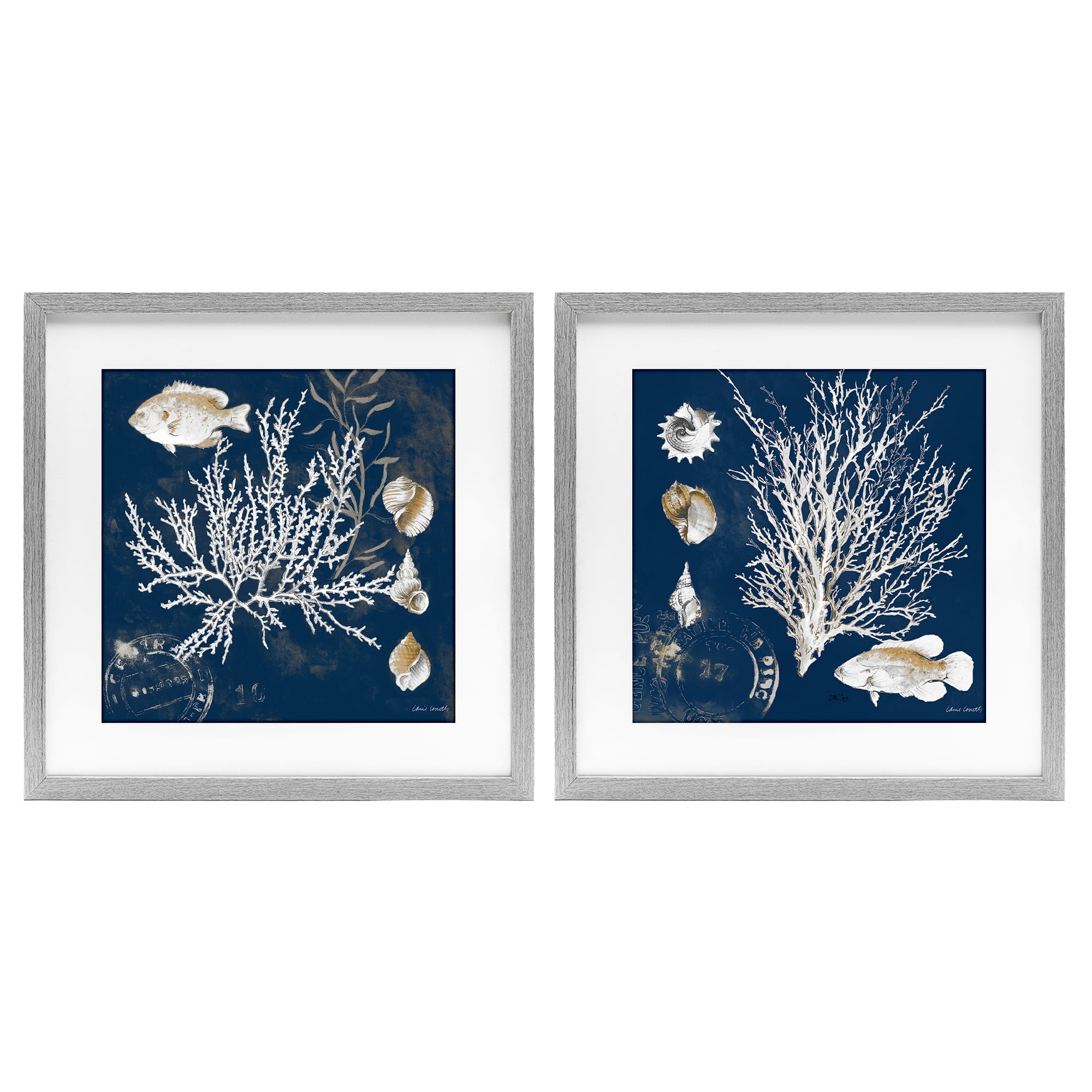 Stupell Industries Navy Coral Medley 2 Piece Gray Framed Print Under Glass Set, design by Lanie Loreth