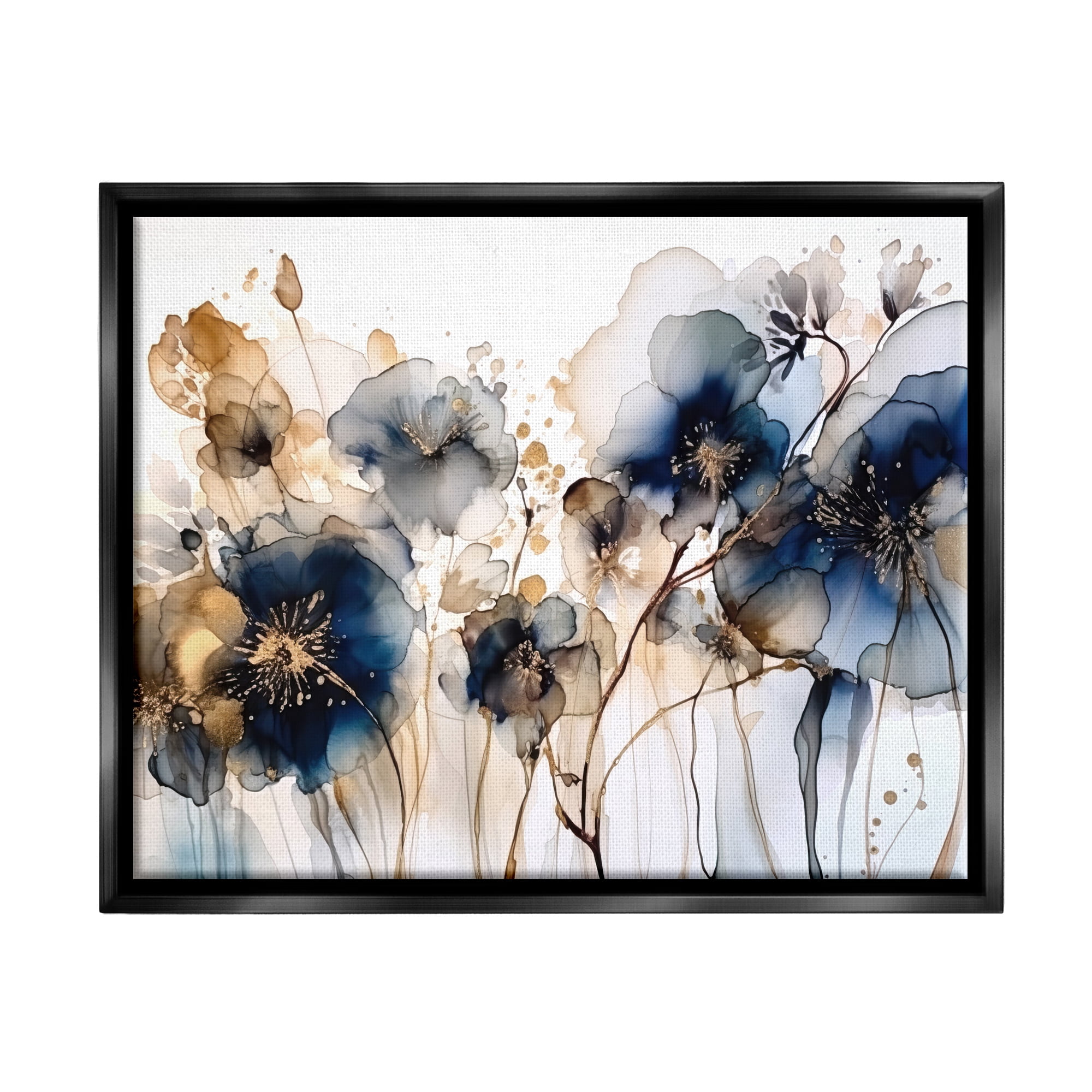 Stupell Industries Navy & Gold Abstraction Botanical & Floral Painting Black Floater Framed Art Print Wall Art, 21 x 17
