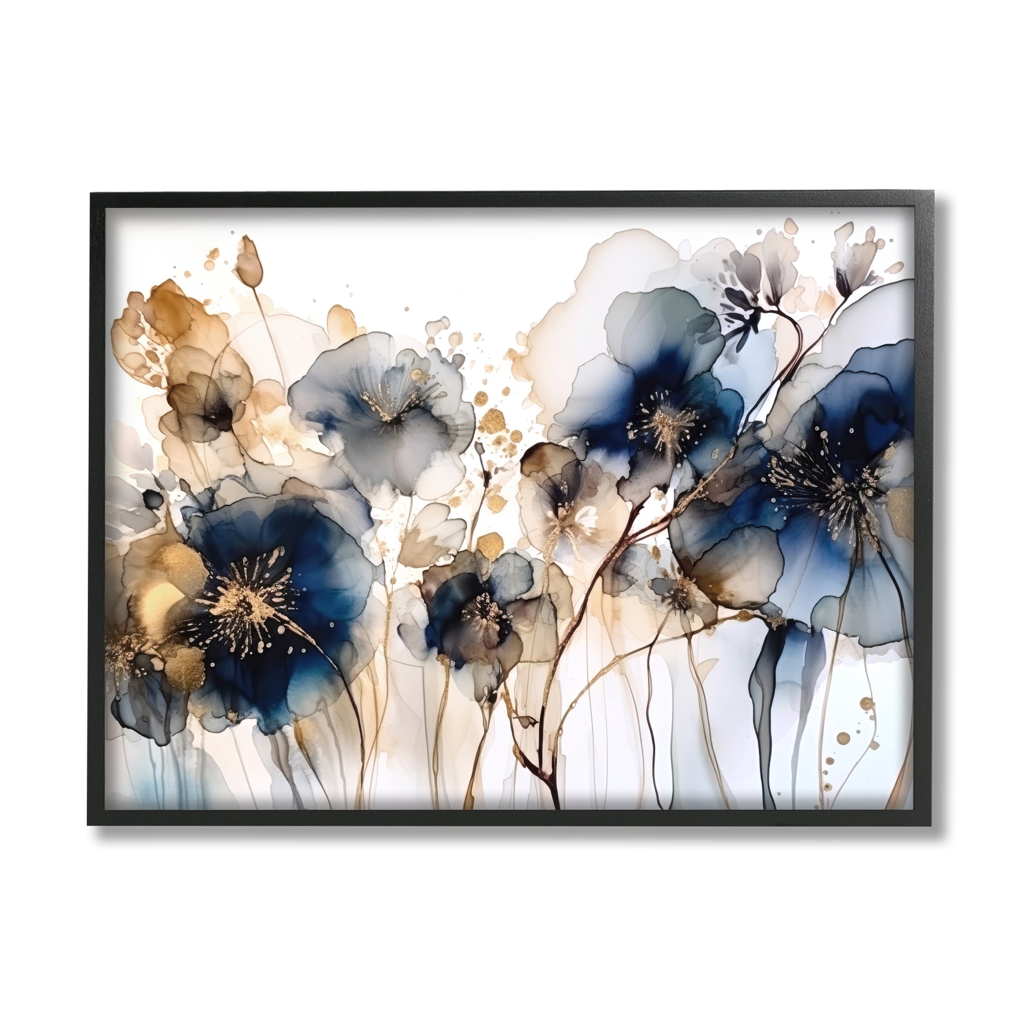 Stupell Industries Navy & Gold Abstraction Botanical & Floral Painting Black Framed Art Print Wall Art, 30 x 24