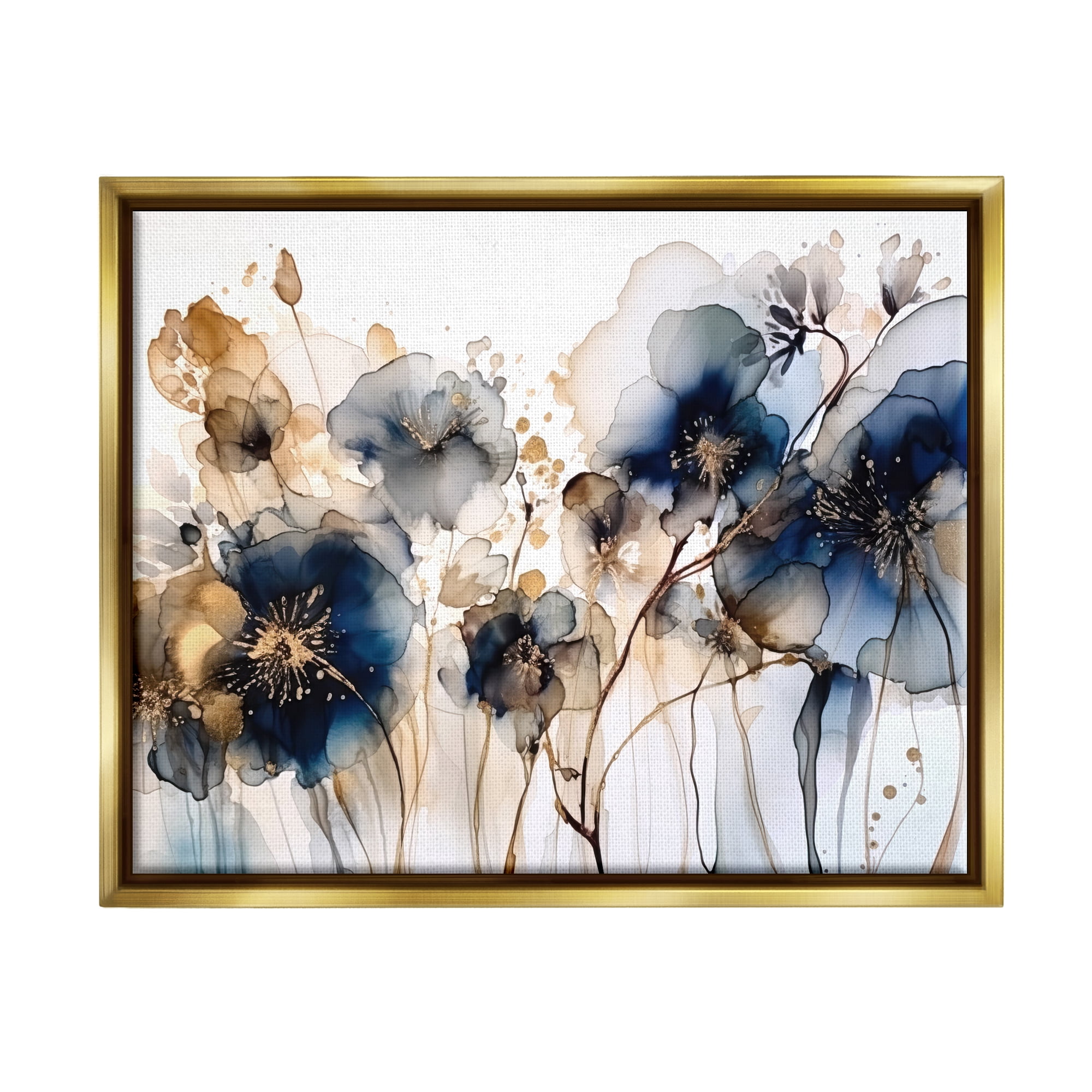 Stupell Industries Navy & Gold Abstraction Botanical & Floral Painting Gold Floater Framed Art Print Wall Art, 21 x 17