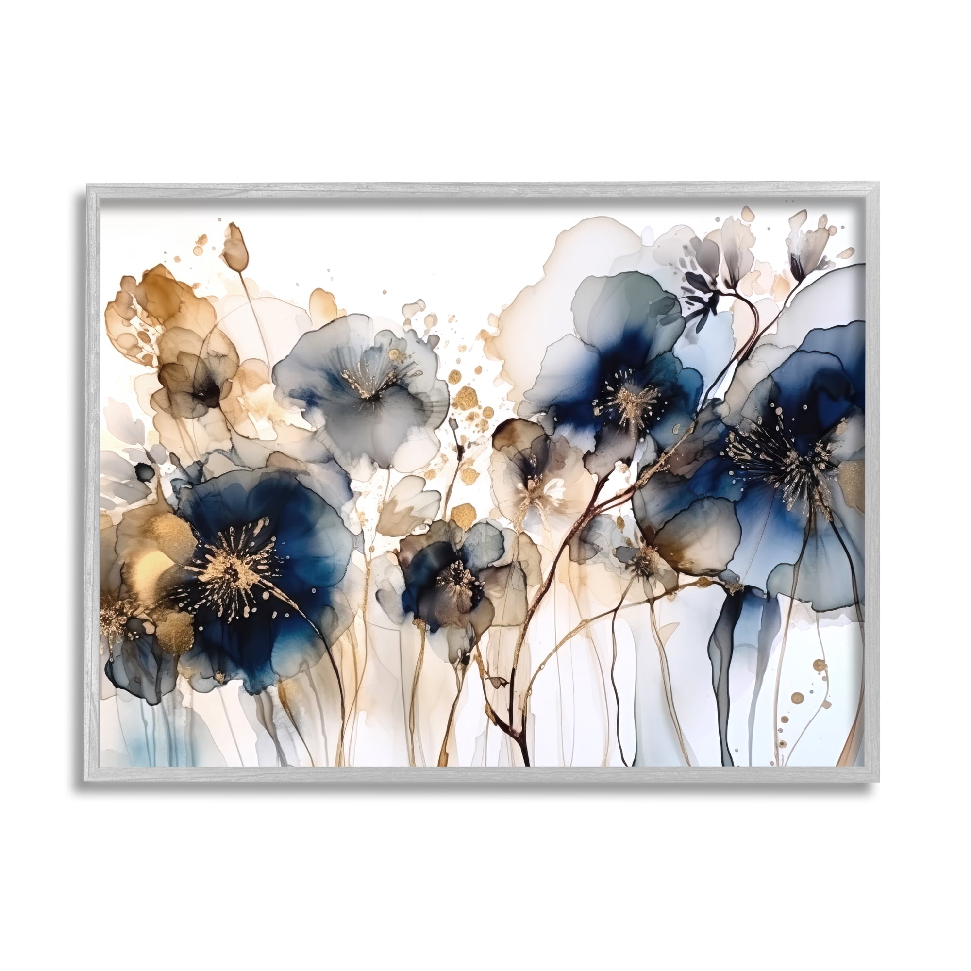 Stupell Industries Navy & Gold Abstraction Botanical & Floral Painting Gray Framed Art Print Wall Art, 20 x 16