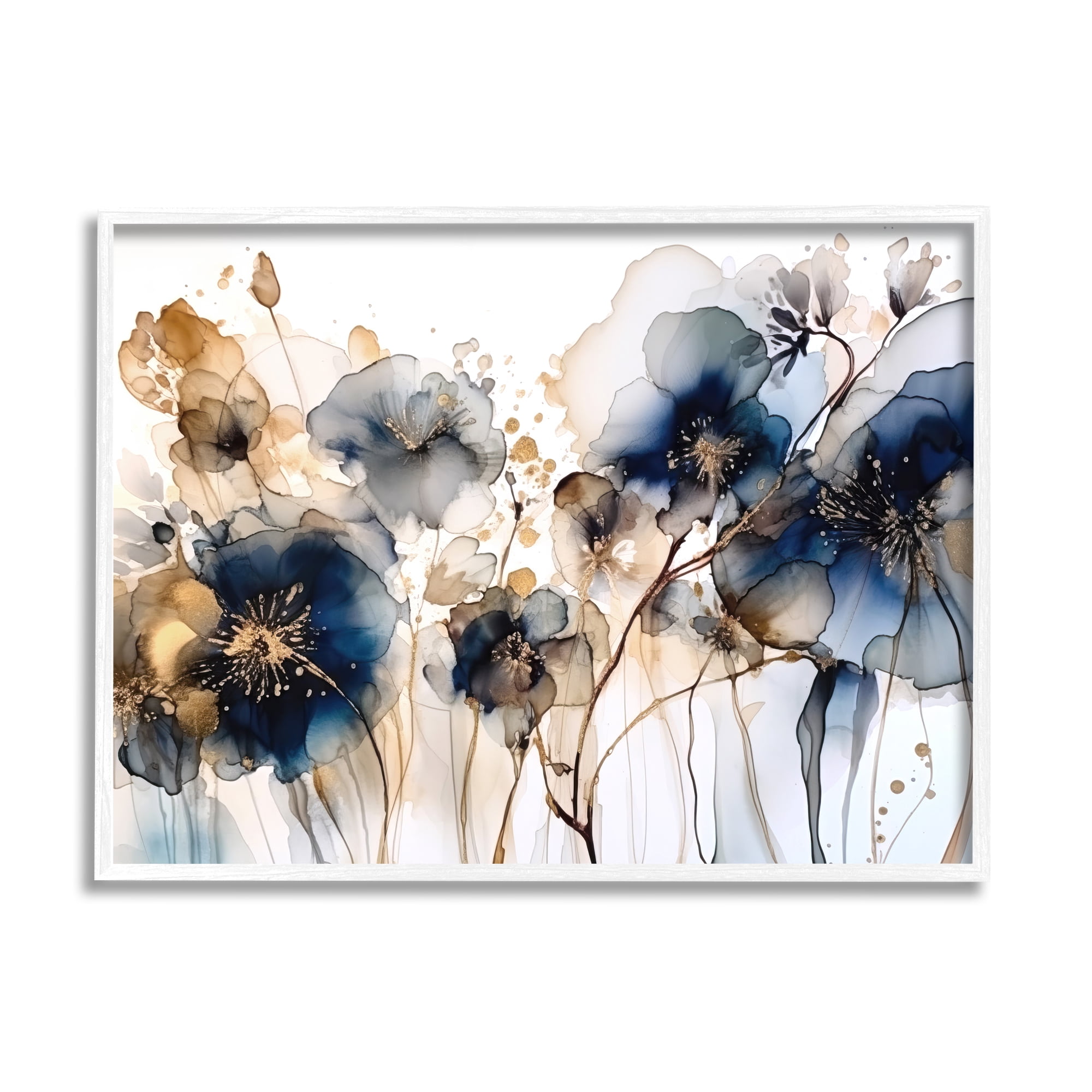 Stupell Industries Navy & Gold Abstraction Botanical & Floral Painting White Framed Art Print Wall Art, 14 x 11