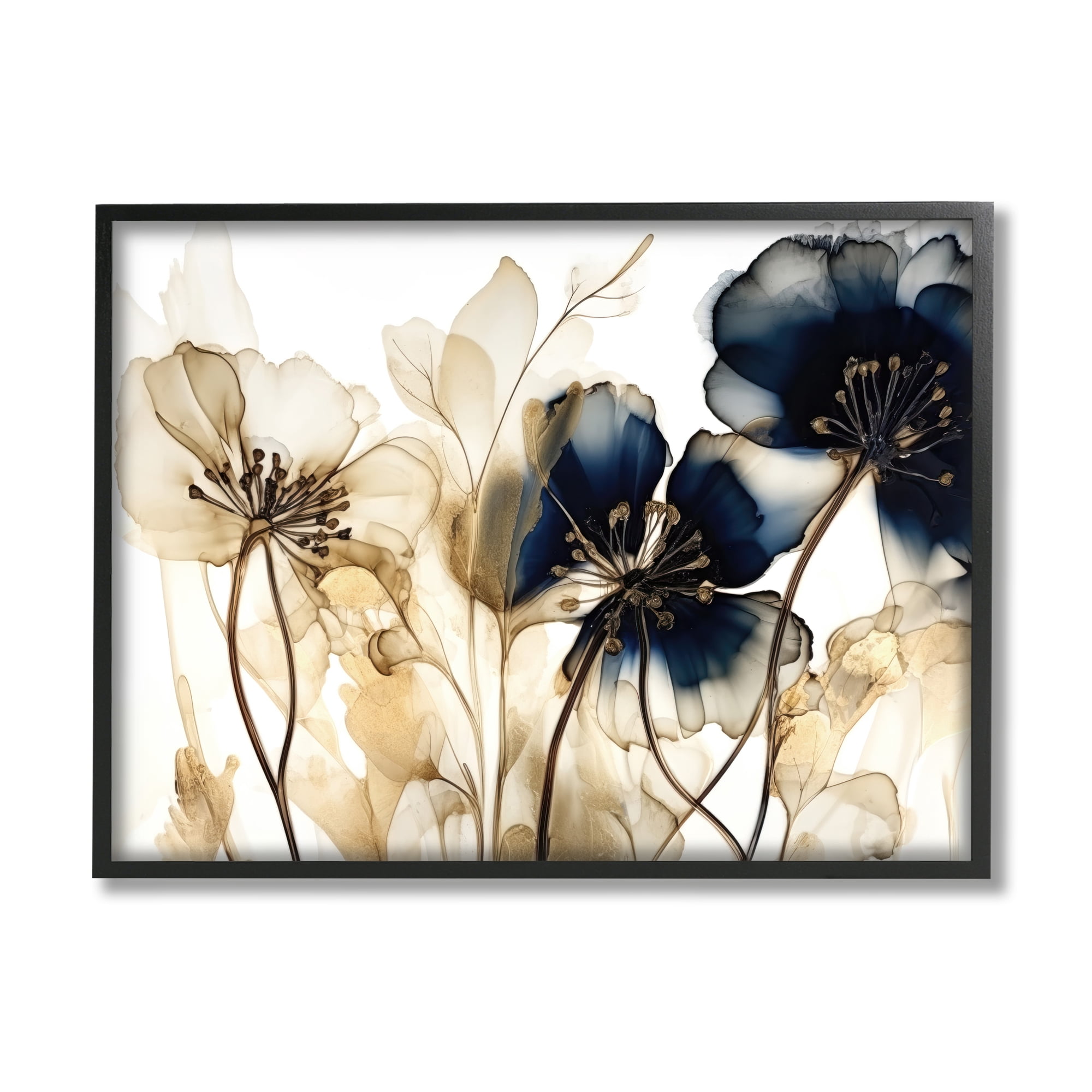 Stupell Industries Navy & Gold Flowers Botanical & Floral Painting Black Framed Art Print Wall Art, 30 x 24