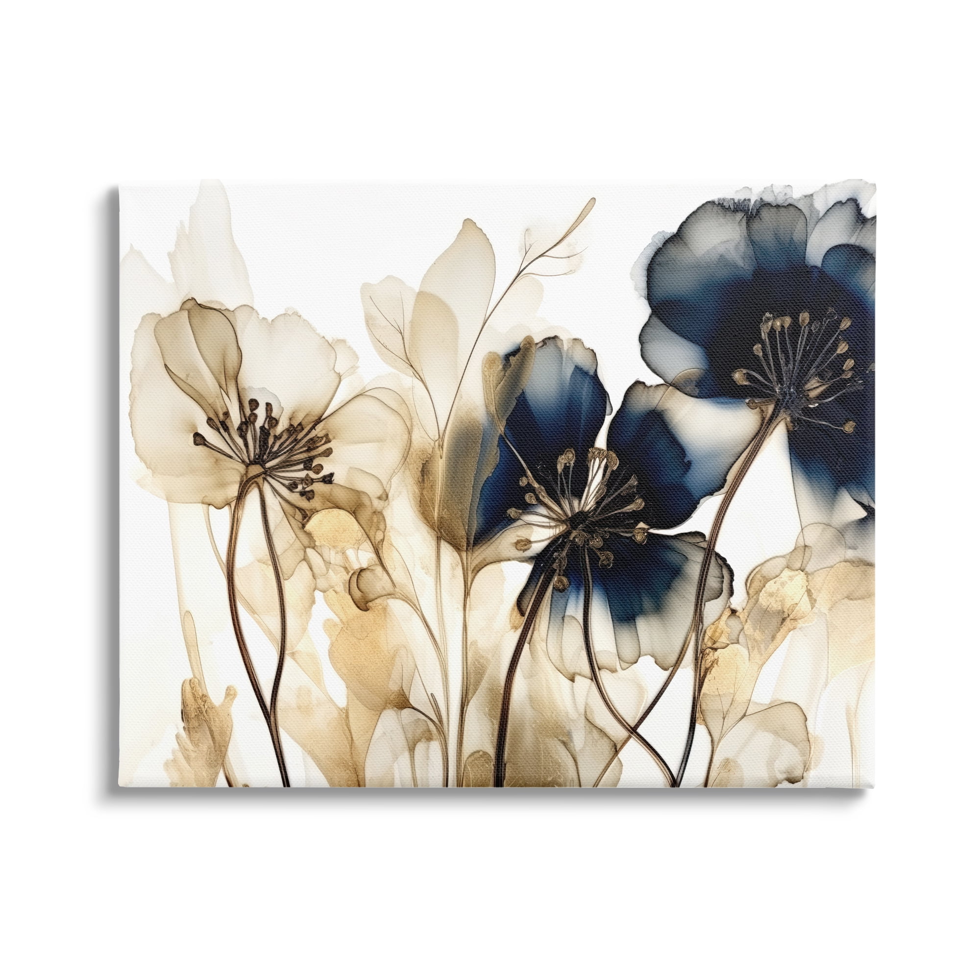 Stupell Industries Navy & Gold Flowers Botanical & Floral Painting Gallery Wrapped Canvas Print Wall Art, 40 x 30