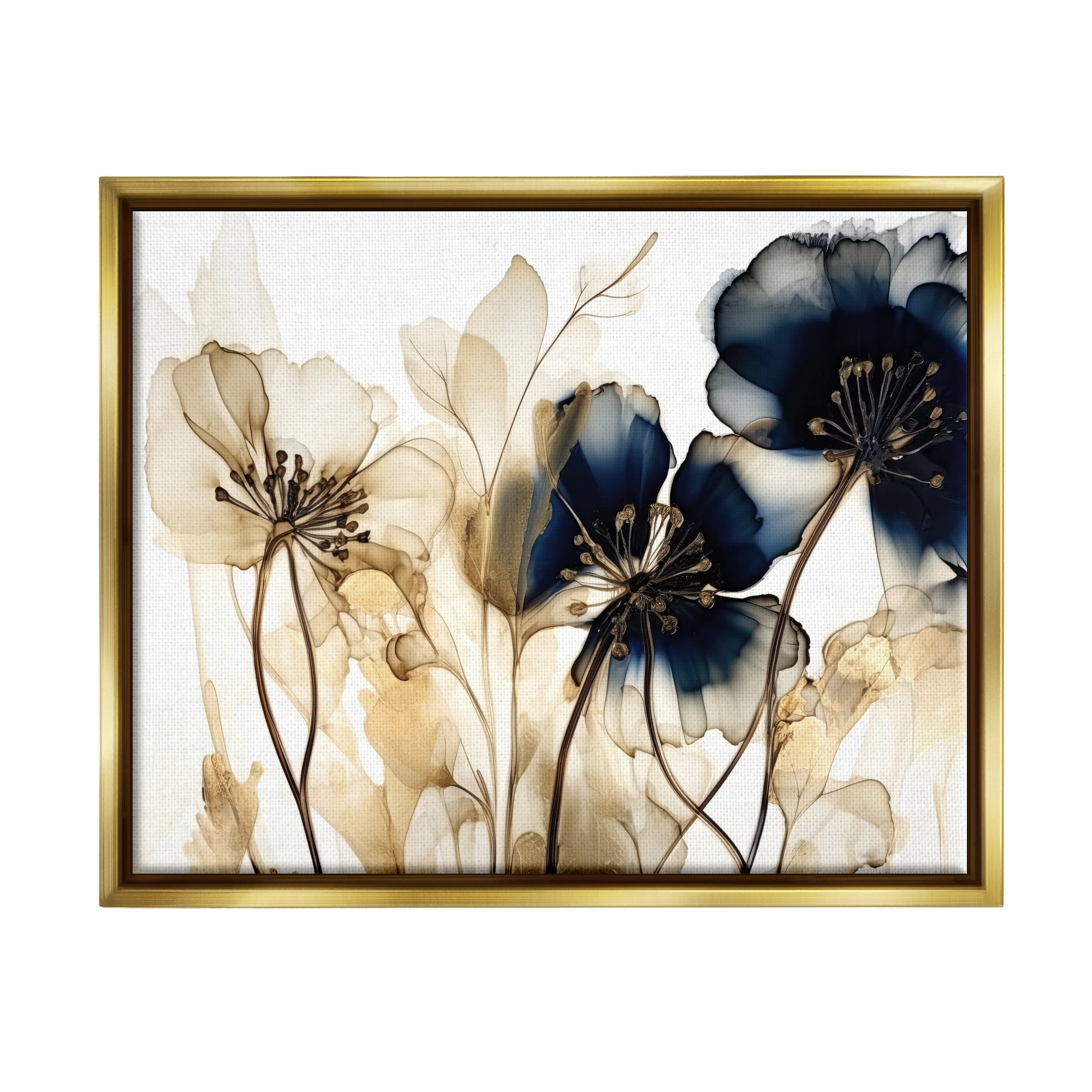 Stupell Industries Navy & Gold Flowers Botanical & Floral Painting Gold Floater Framed Art Print Wall Art, 21 x 17