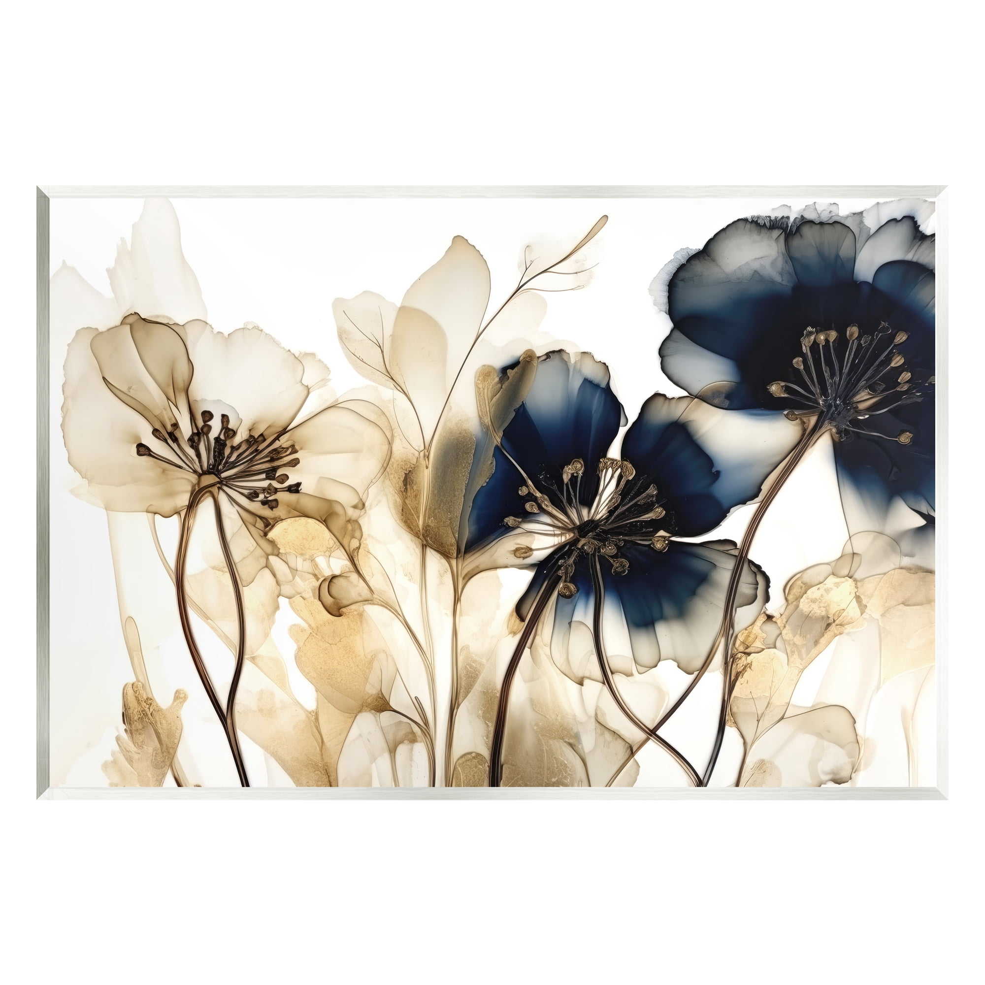 Stupell Industries Navy & Gold Flowers Botanical & Floral Painting Unframed Art Print Wall Art, 19 x 13