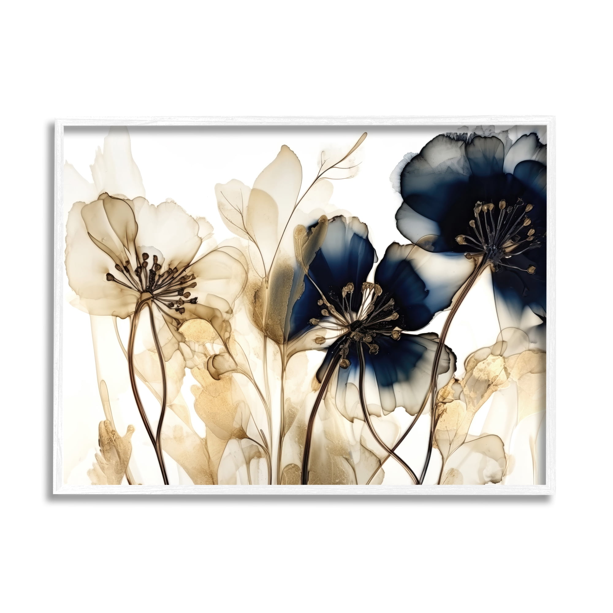 Stupell Industries Navy & Gold Flowers Botanical & Floral Painting White Framed Art Print Wall Art, 20 x 16