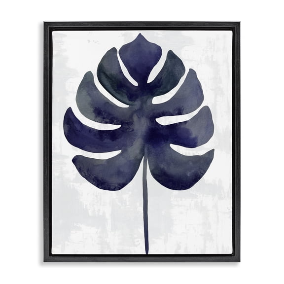 Stupell Industries Navy Monstera Leaf Silhouette Black Framed Floater Canvas Wall Art design by Christie Adams, 21 x 17