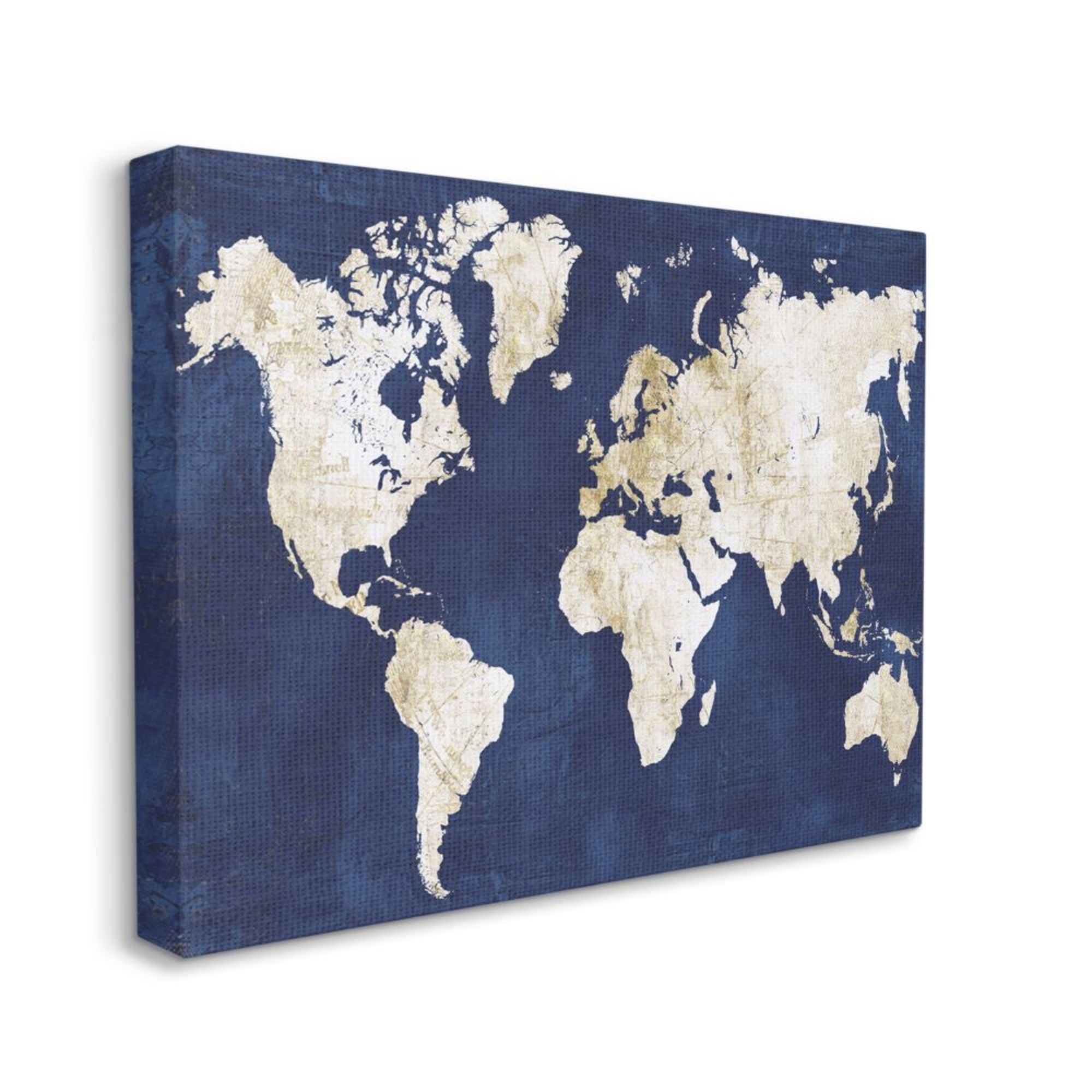 Stupell Industries Navy and Distressed Gold World Map Design by Alicia Vidal, 16" x 20"