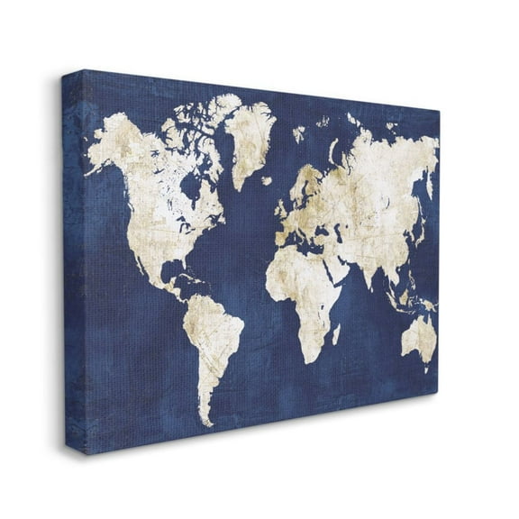 Stupell Industries Navy and Distressed Gold World Map Design by Alicia Vidal, 36" x 48"