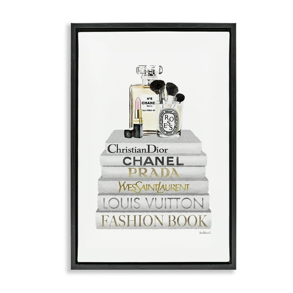 Stupell Industries Neat Bookstack with Makeup Fashion Painting Black Floater Framed Canvas Art Print Wall Art, 17 x 25