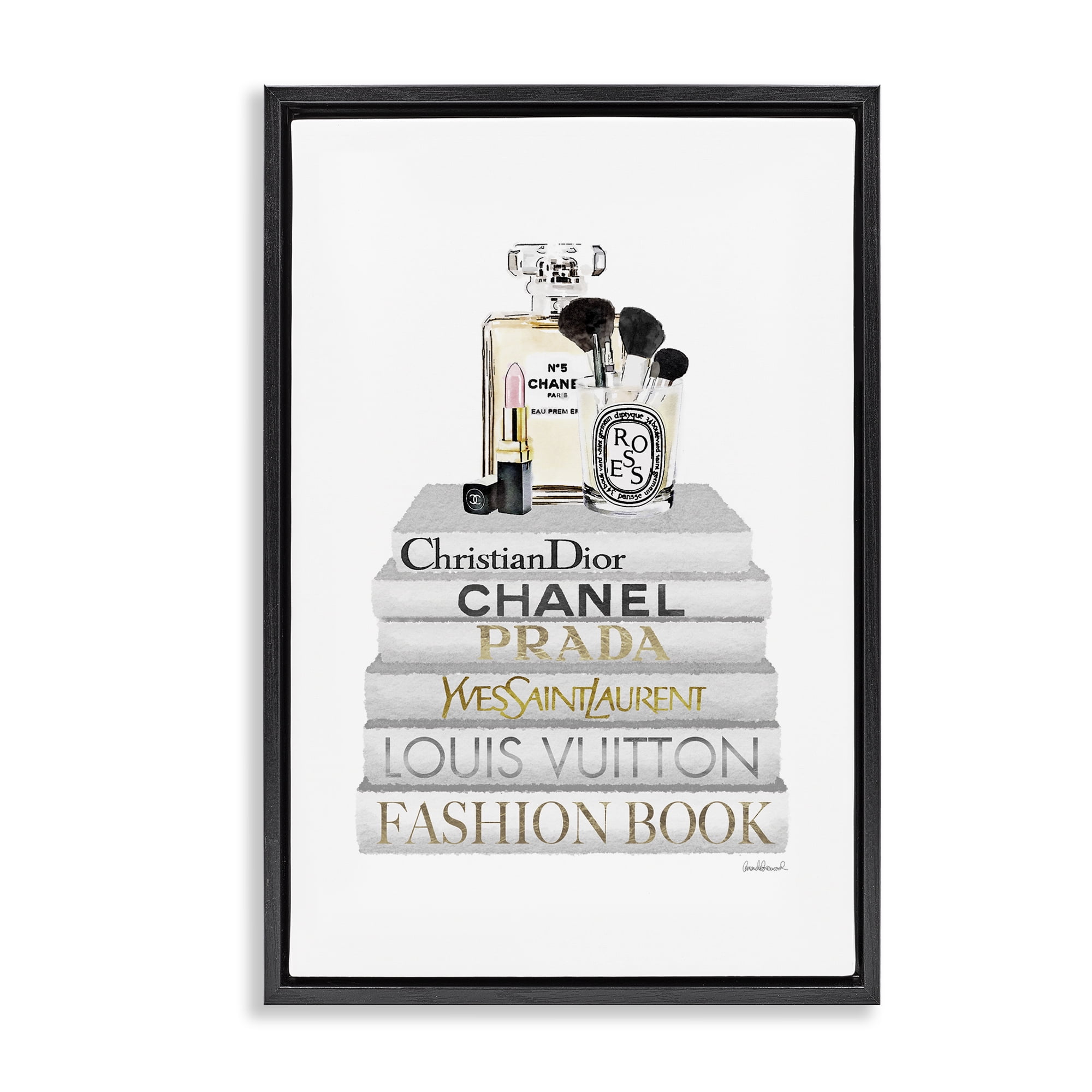 Stupell Industries Neat Bookstack with Makeup Fashion Painting Black Floater Framed Canvas Art Print Wall Art, 21 x 31