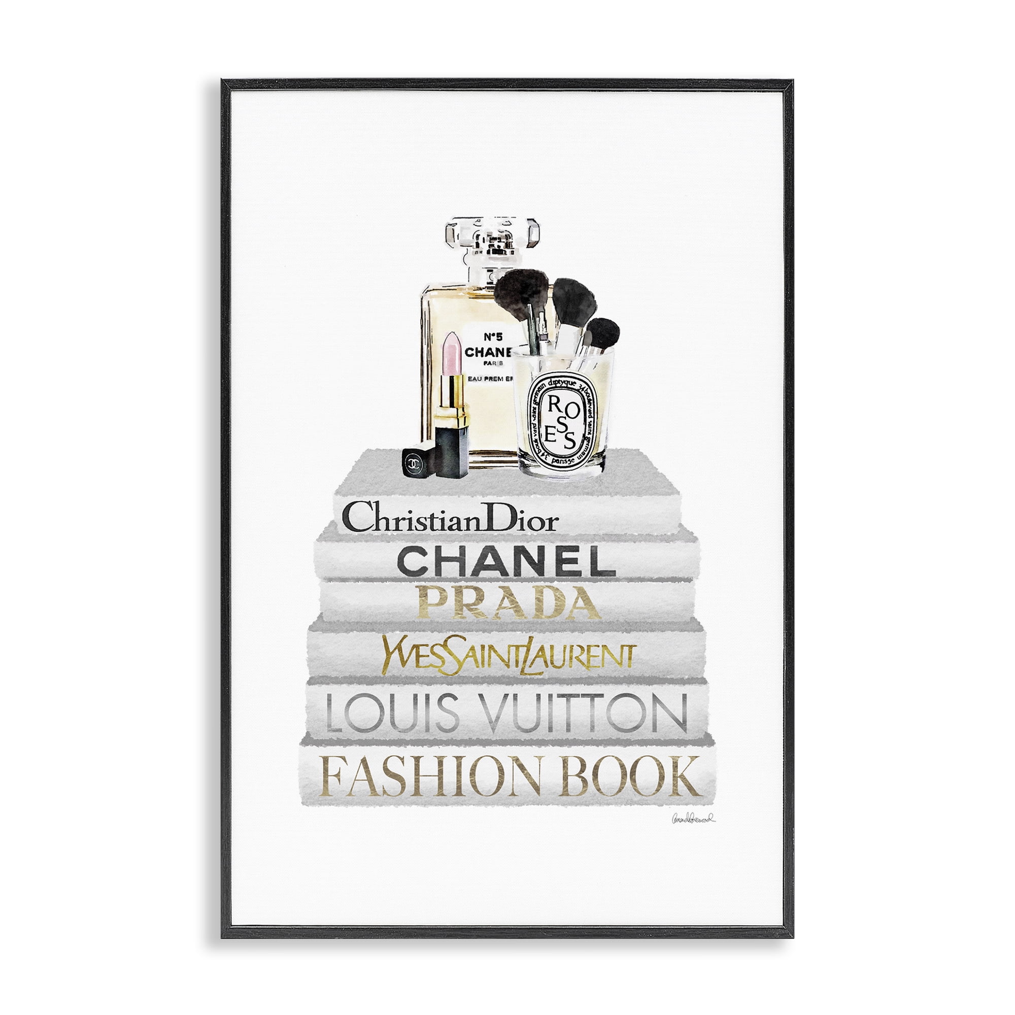 Stupell Industries Neat Bookstack with Makeup Fashion Painting Black Framed Art Print Wall Art, 12 x 18