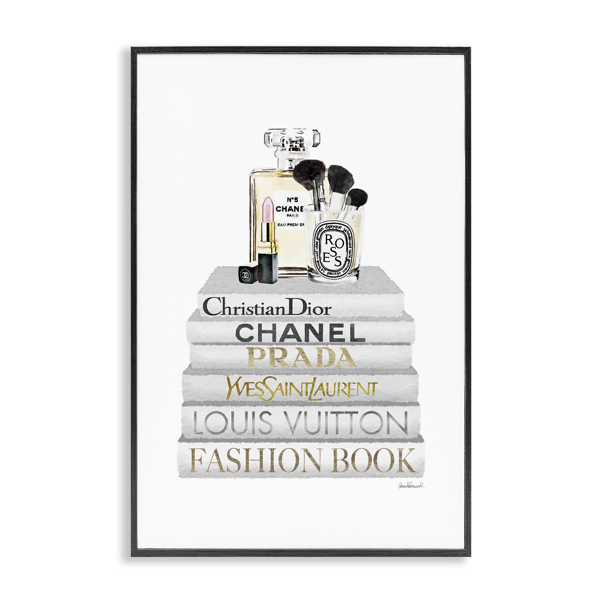 Stupell Industries Neat Bookstack with Makeup Fashion Painting Black Framed Art Print Wall Art, 16 x 24