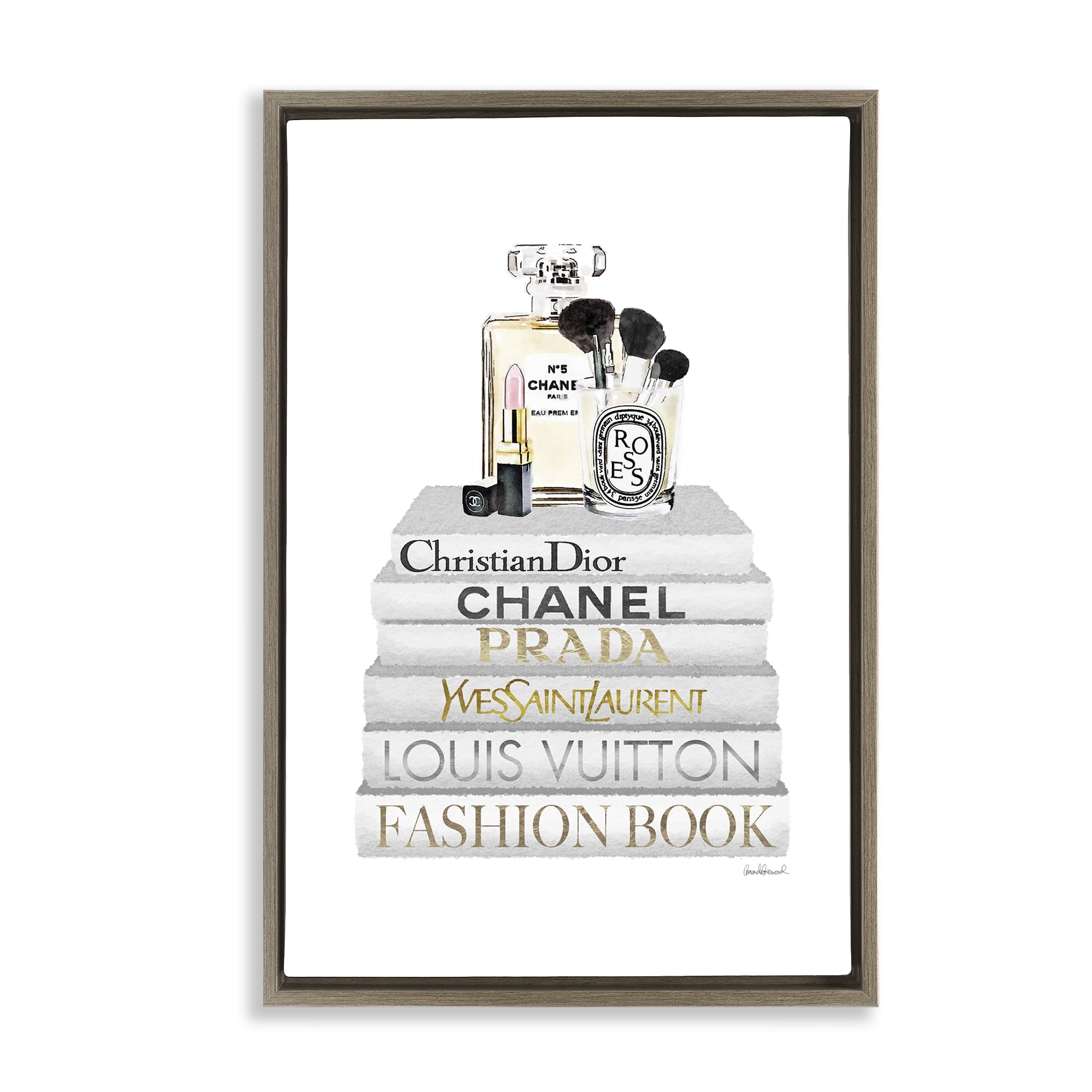 Stupell Industries Neat Bookstack with Makeup Fashion Painting Brown Floater Framed Canvas Art Print Wall Art, 17 x 25