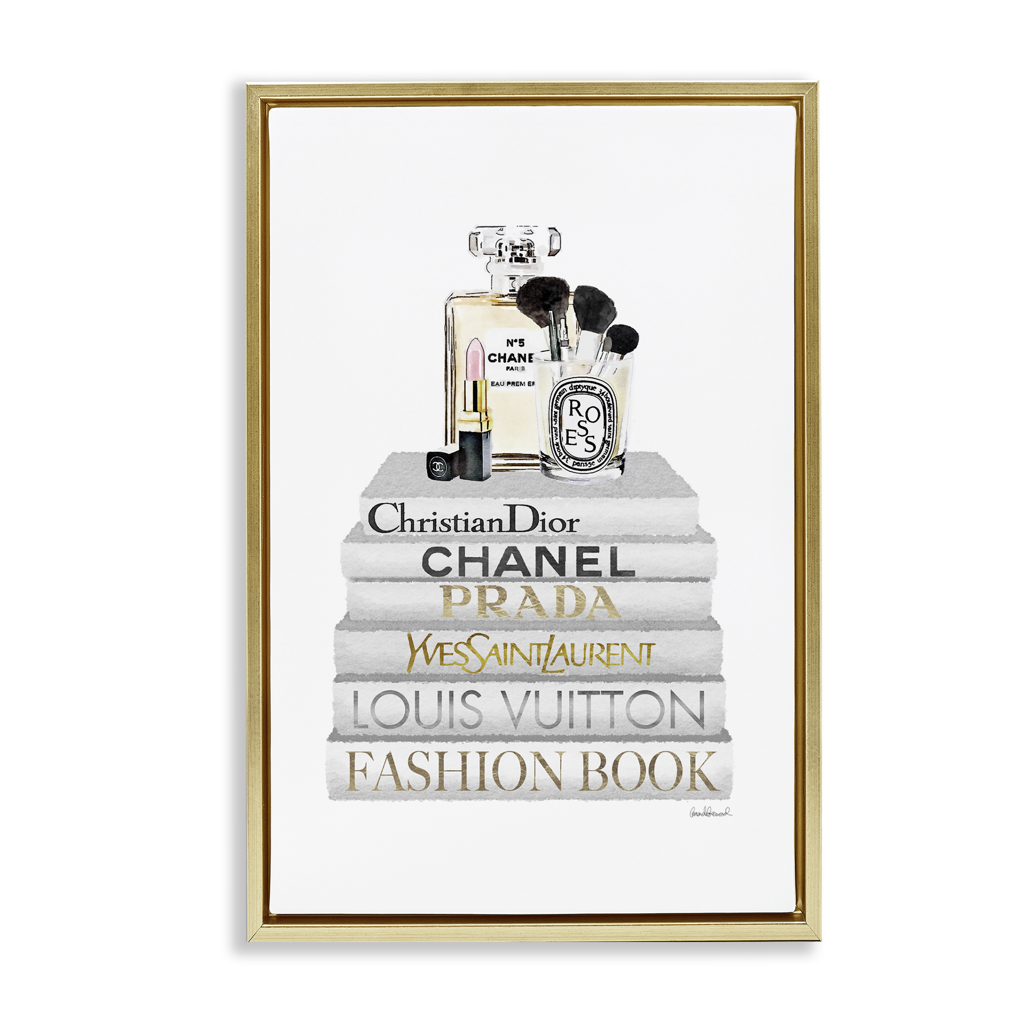 Stupell Industries Neat Bookstack with Makeup Fashion Painting Gold Floater Framed Canvas Art Print Wall Art, 17 x 25