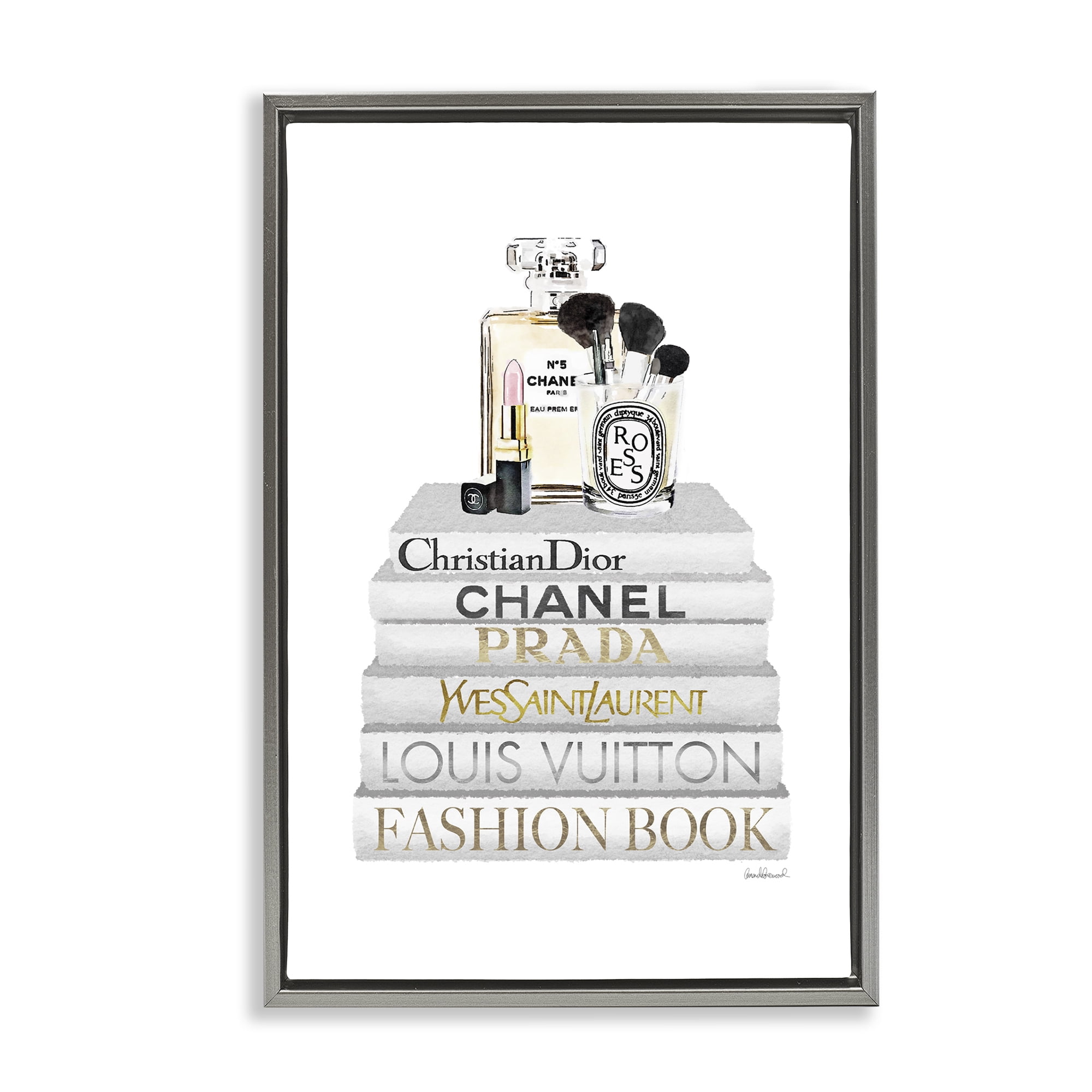 Stupell Industries Neat Bookstack with Makeup Fashion Painting Gray Floater Framed Canvas Art Print Wall Art, 17 x 25