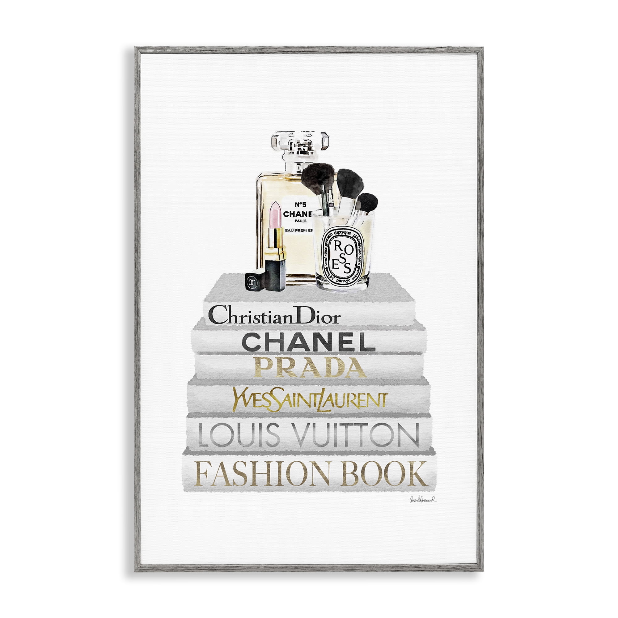 Stupell Industries Neat Bookstack with Makeup Fashion Painting Gray Framed Art Print Wall Art, 20 x 30